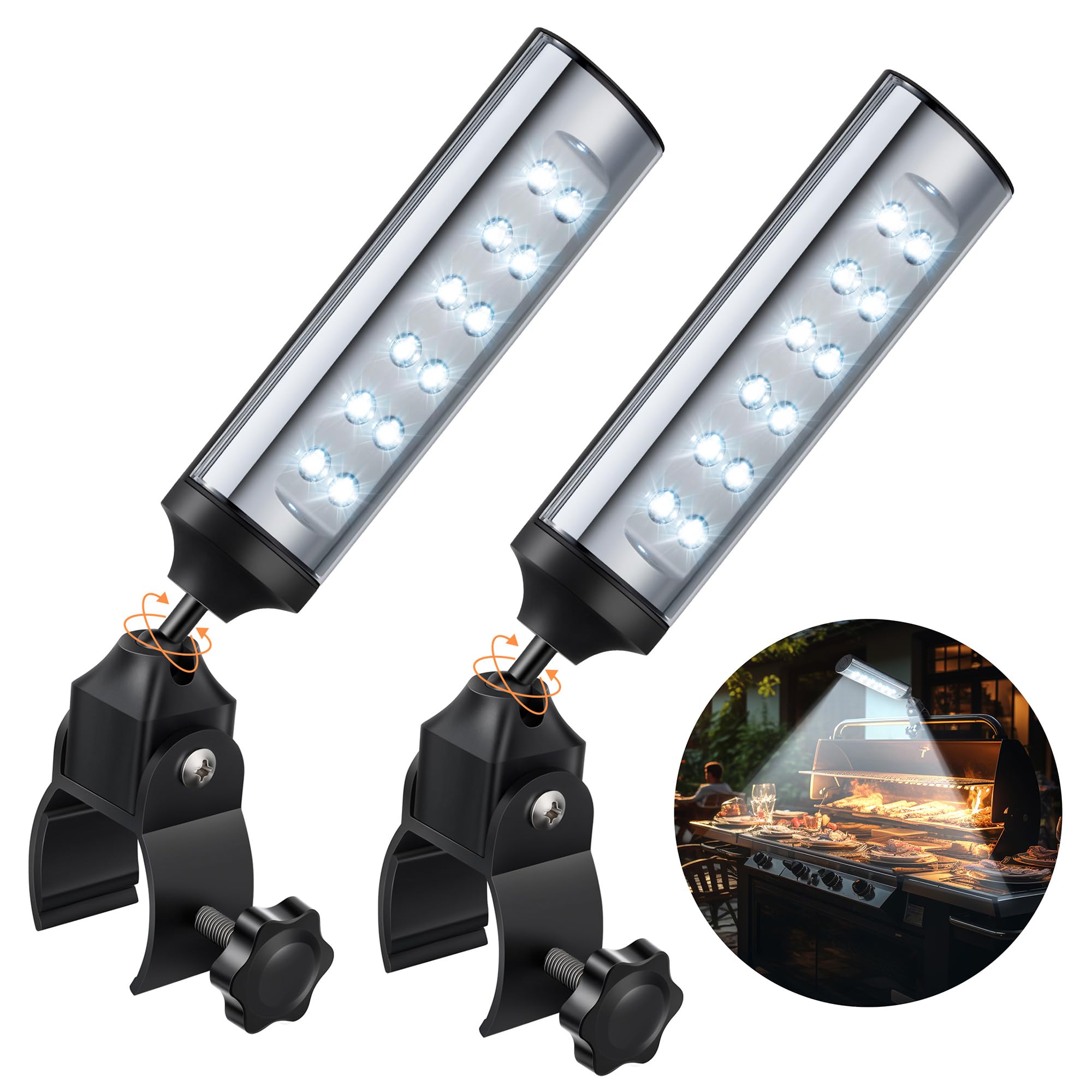 Meonum 2 Pack LED Grill Lights for Outdoor BBQ - 360° Adjustable C-Clamp, Battery Operated Barbecue Lighting with 12 Bright LEDs - Perfect for Night Grilling, Camping & Backyard Cookouts