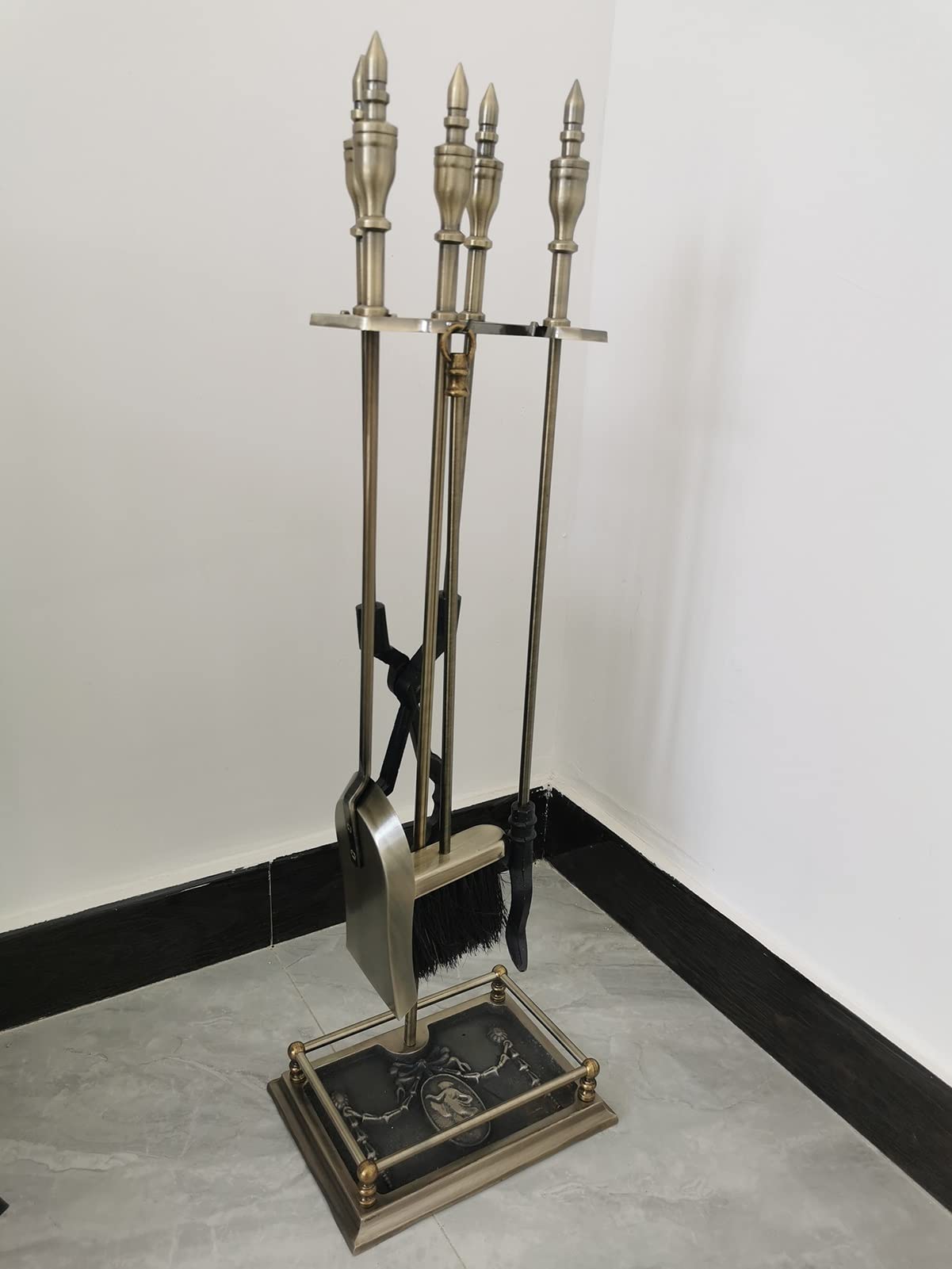 Antique Brass Fireplace Tool Set - 5 Piece Heavy Duty Fireplace Accessories with Base, Poker, Shovel, Pliers & Brush | Perfect for Fireplace Maintenance & Home Decor
