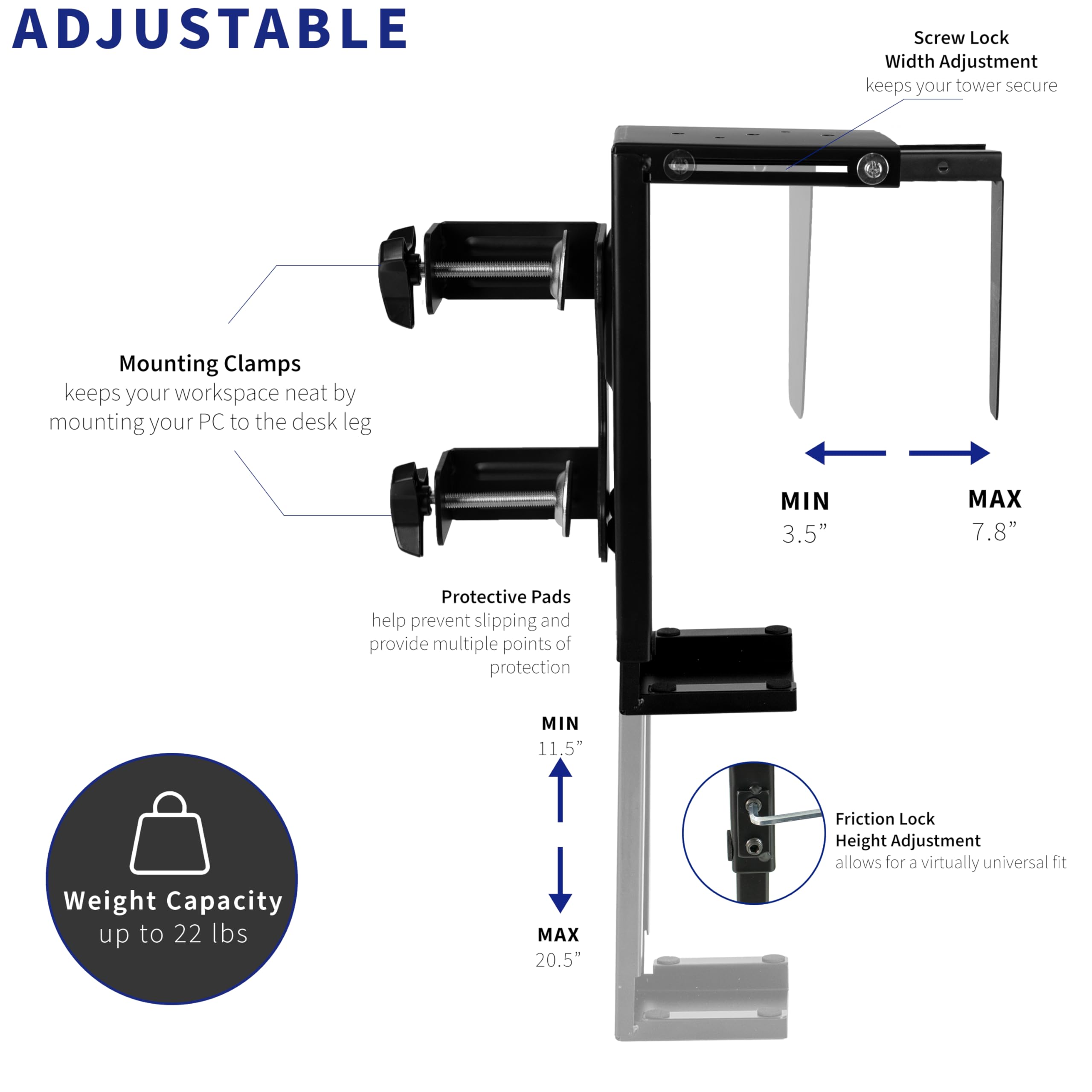 Adjustable Clamp-on Desk PC Mount - Under Desk CPU Holder Bracket for Computer Case | Tool-Free Installation | Black (MOUNT-PC01C) | Perfect for Home Office, Gaming Setup & Workspace Organization