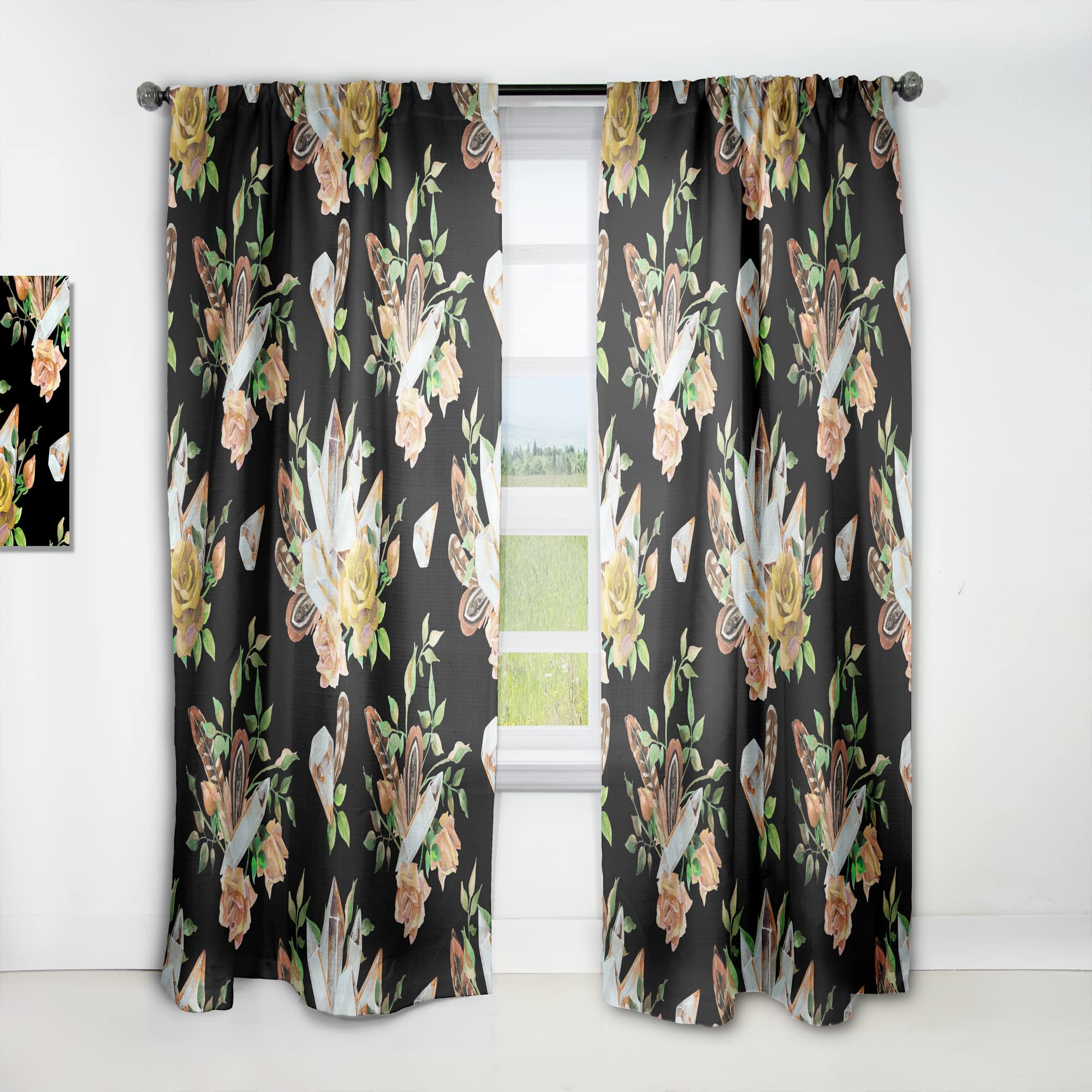Watercolor Crystal Feather Rose Print Blackout Curtains - Thermal Insulated Single Panel 52x84 - Elegant Window Drapes for Bedroom & Living Room Decor
