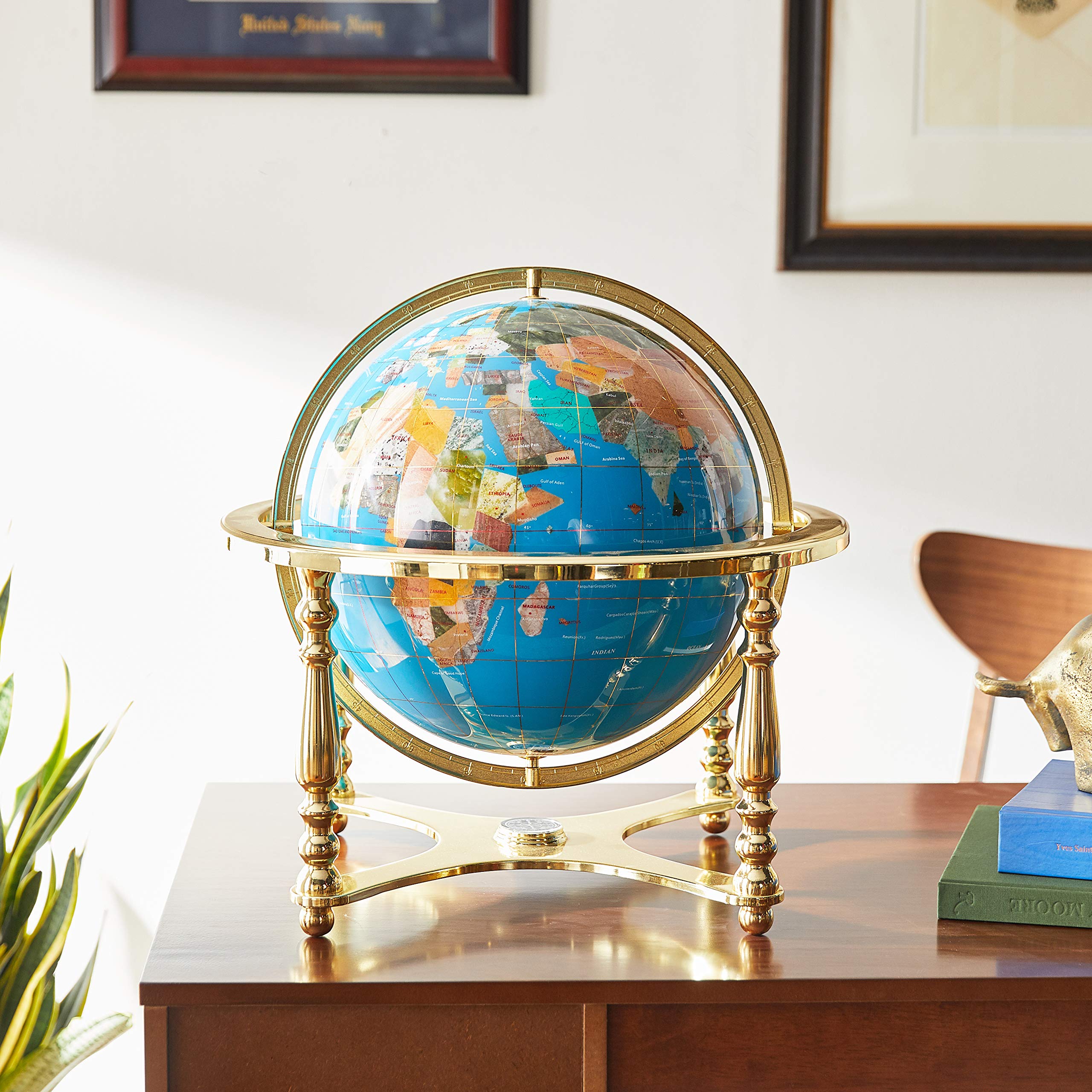 21-Inch Tall Turquoise Ocean Gemstone World Globe with Gold Stand - Unique Art Tabletop Decor for Home, Office & Gifts