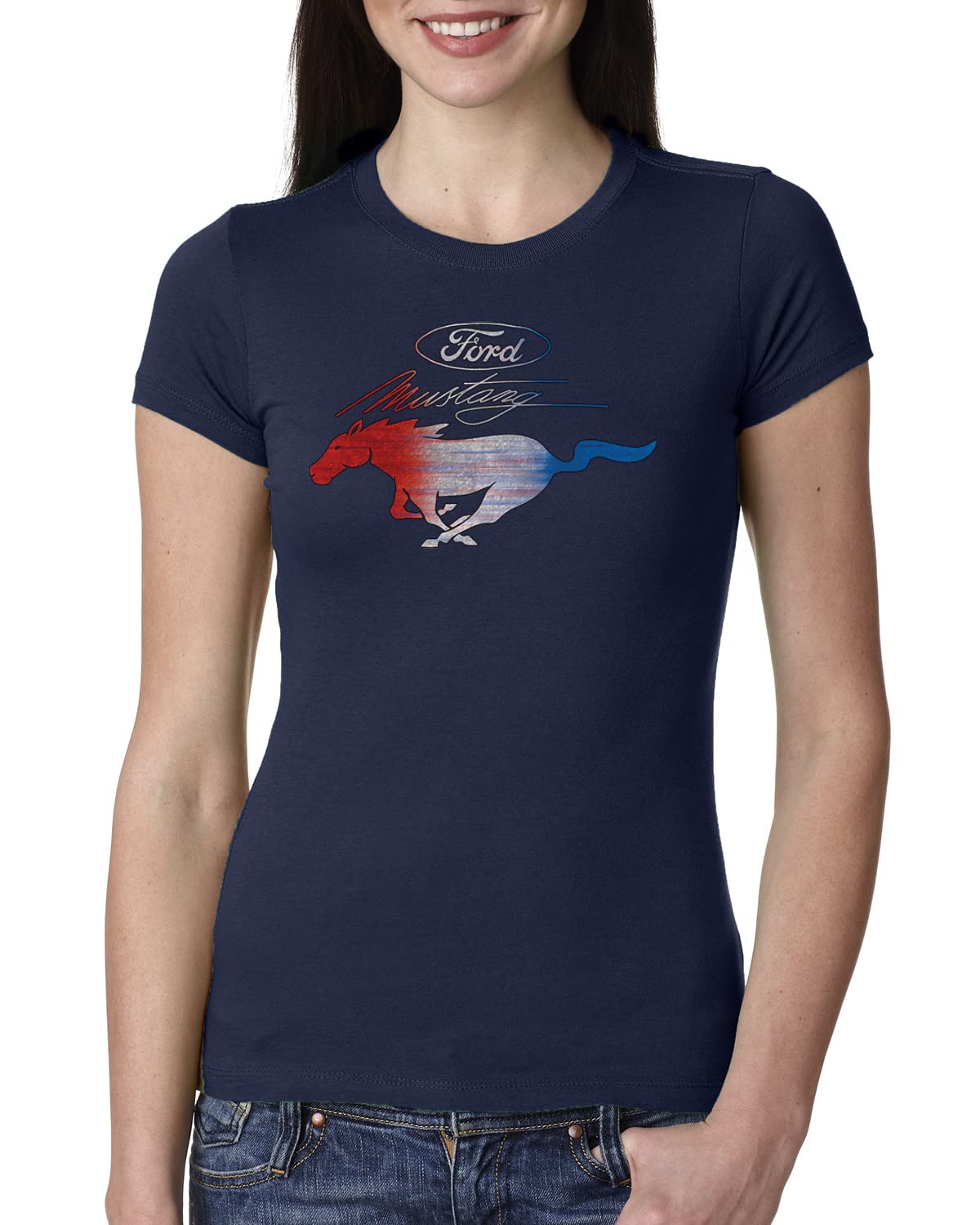 Ford Mustang T-Shirt for Women - USA Flag & Mustang Emblem Design - Slim Fit Junior Tee for Car Enthusiasts - Perfect for Car Shows, Racing Events & Casual Wear