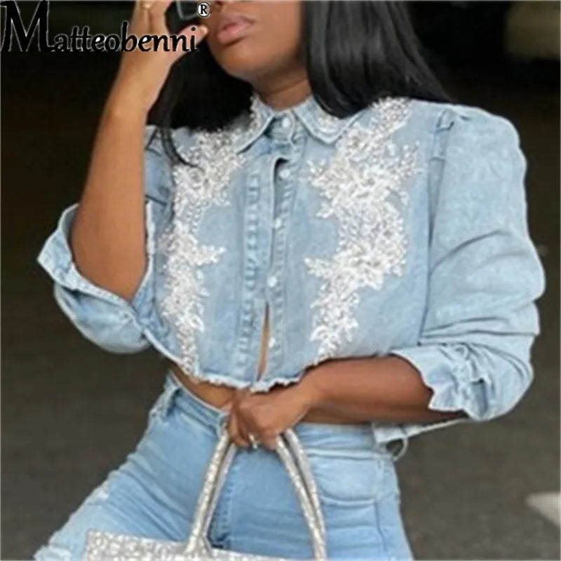 Women's Embroidered Pearl Denim Jacket - Casual Short Jean Coat with Long Sleeves for Autumn | Street Style Outerwear for Daily Wear, Dating, and Weekend Outings