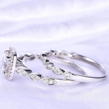Art Deco Moissanite Engagement Ring Set with 6.5mm Round Cut & Cushion Diamond Halo - 14k White Gold Marquise Wedding Band for Women | Perfect for Proposals, Anniversaries & Bridal Jewelry