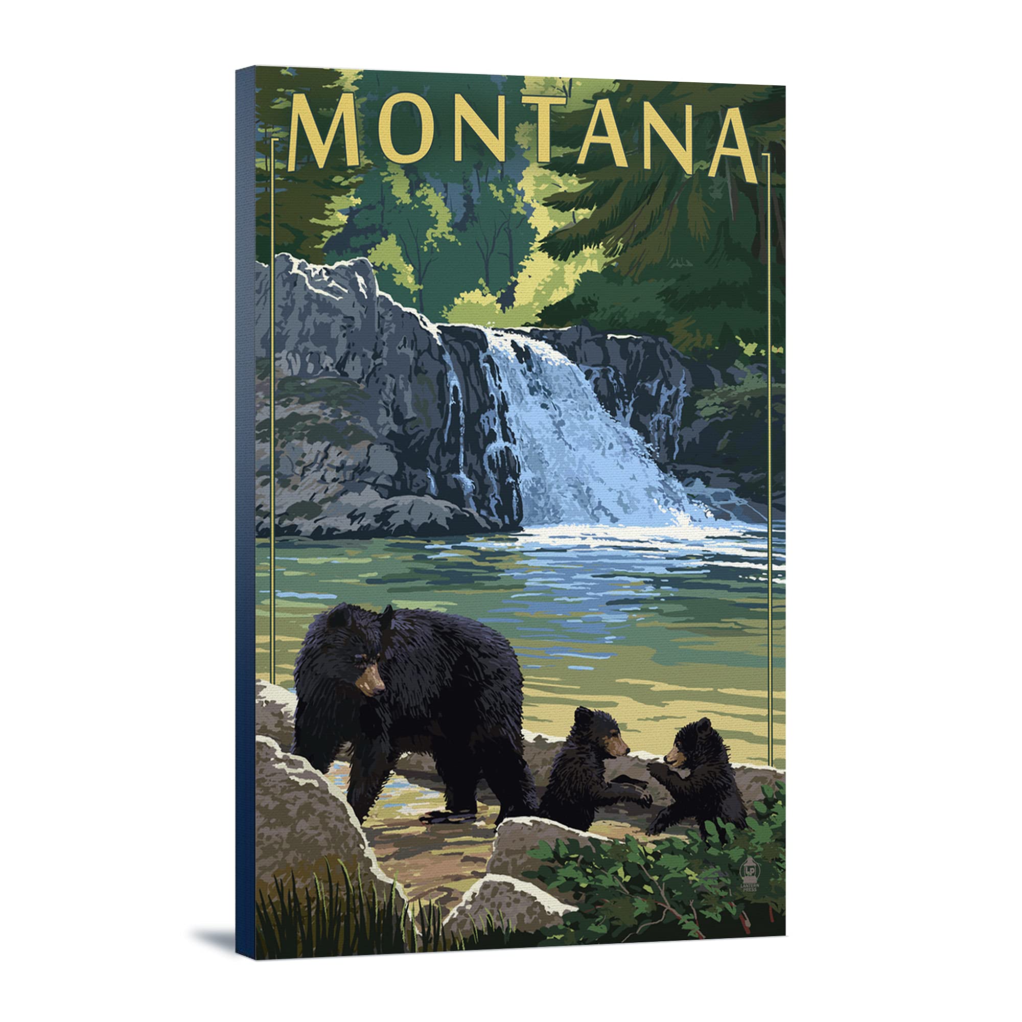 Lantern Press Bear Family and Waterfall Montana Wall Art - 12x18 Wrapped Canvas Print - Nature Wildlife Decor for Living Room, Bedroom & Office