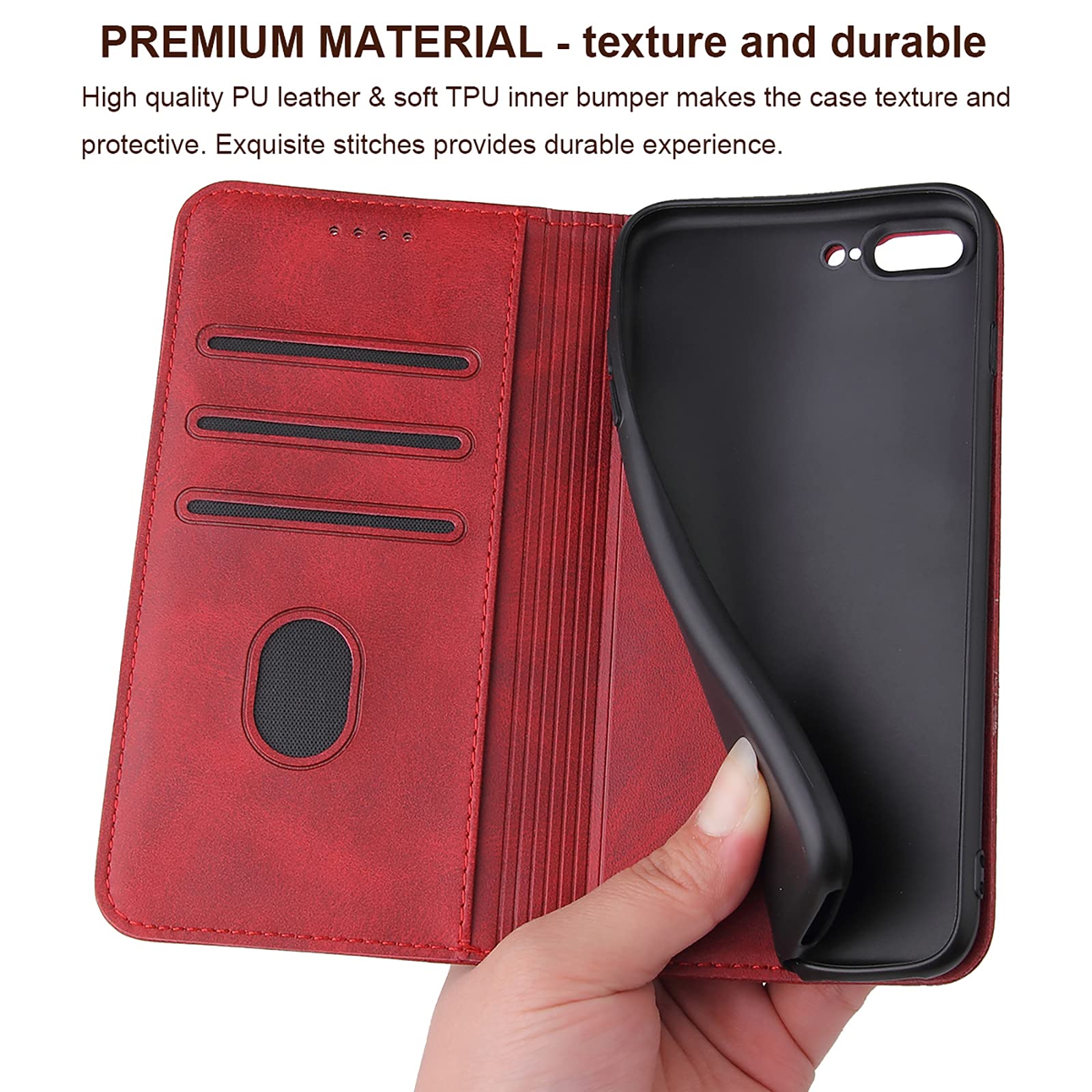 Premium PU Leather Wallet Case with Card Holder & Kickstand for iPhone 6 Plus/6S Plus - Magnetic Closure Flip Folio Phone Cover (Red) | Perfect for Business Travel, Daily Commute & Hands-Free Viewing