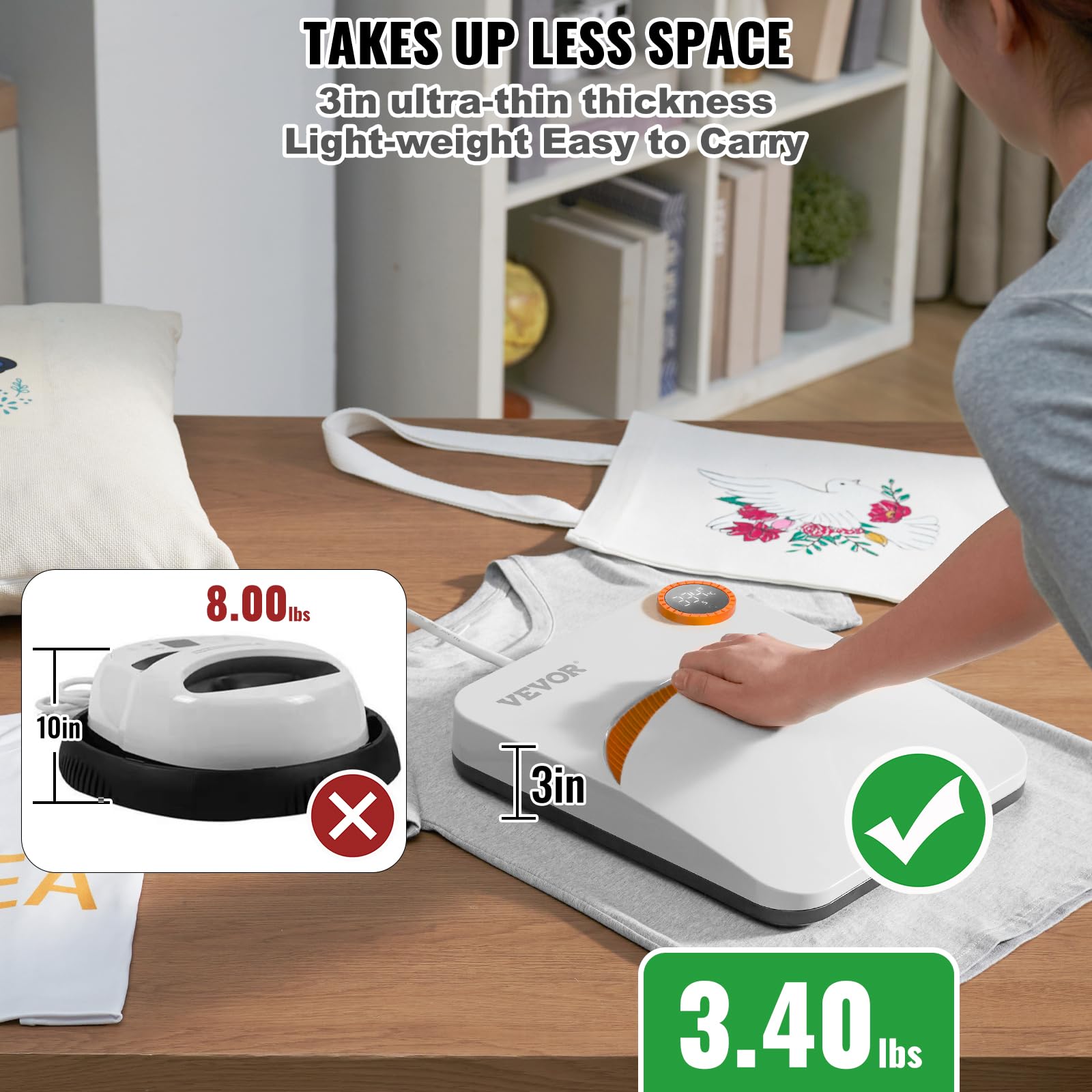 VEVOR 7x6 Inches Portable Heat Press Machine for T-Shirts, Bags, HTV & Pillows - Multifunctional Sublimation Transfer Press with Teflon Coating - Perfect for DIY Vinyl Projects, Home Crafting & Small Business Printing