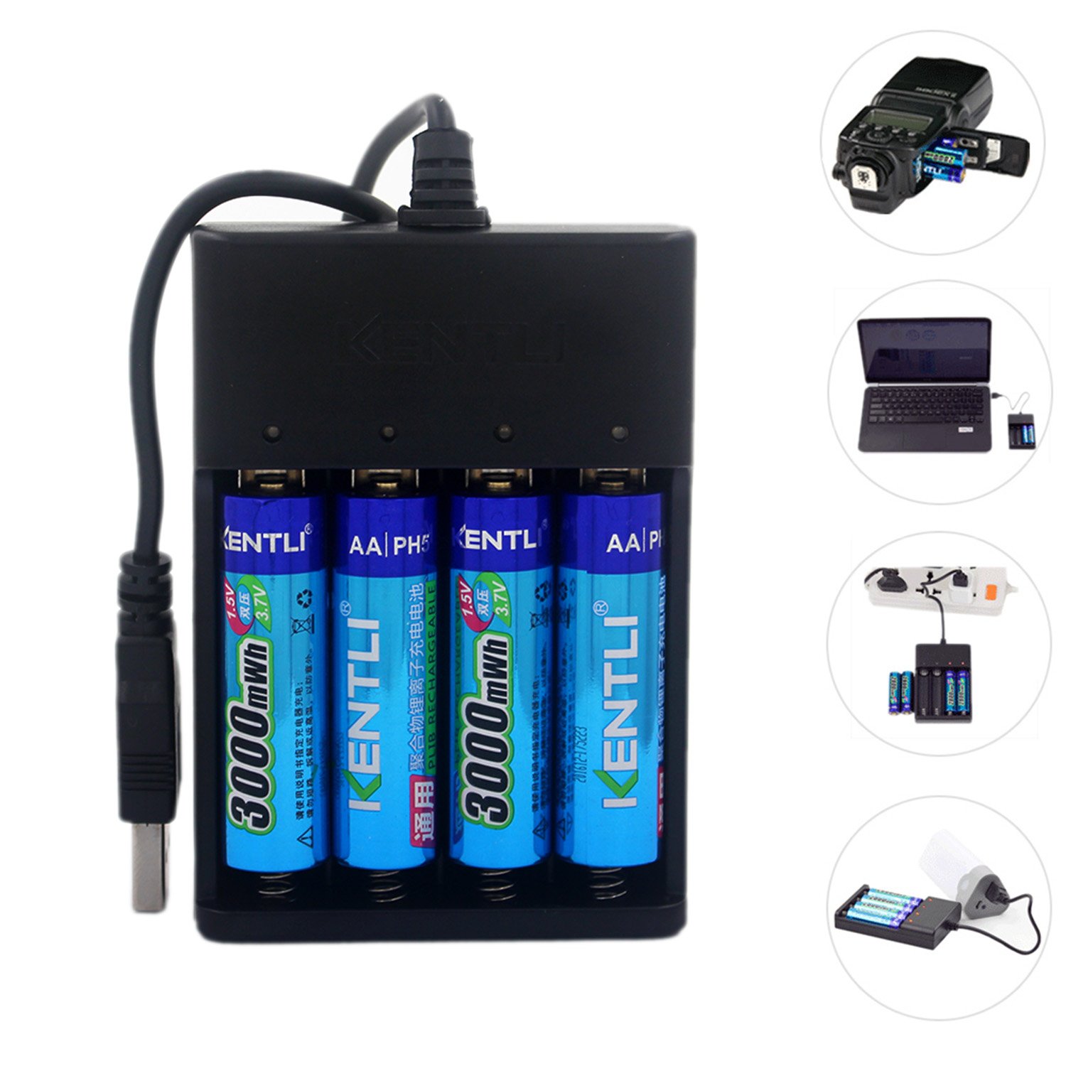 CHU4 USB Charger with 4 x 1.5V 3000mWh Rechargeable AA Lithium Batteries - Compatible with LED Flashlights, Digital Cameras & Microphones - Includes 4 AA Li-Polymer Batteries for Home, Travel & Emergency Power Needs