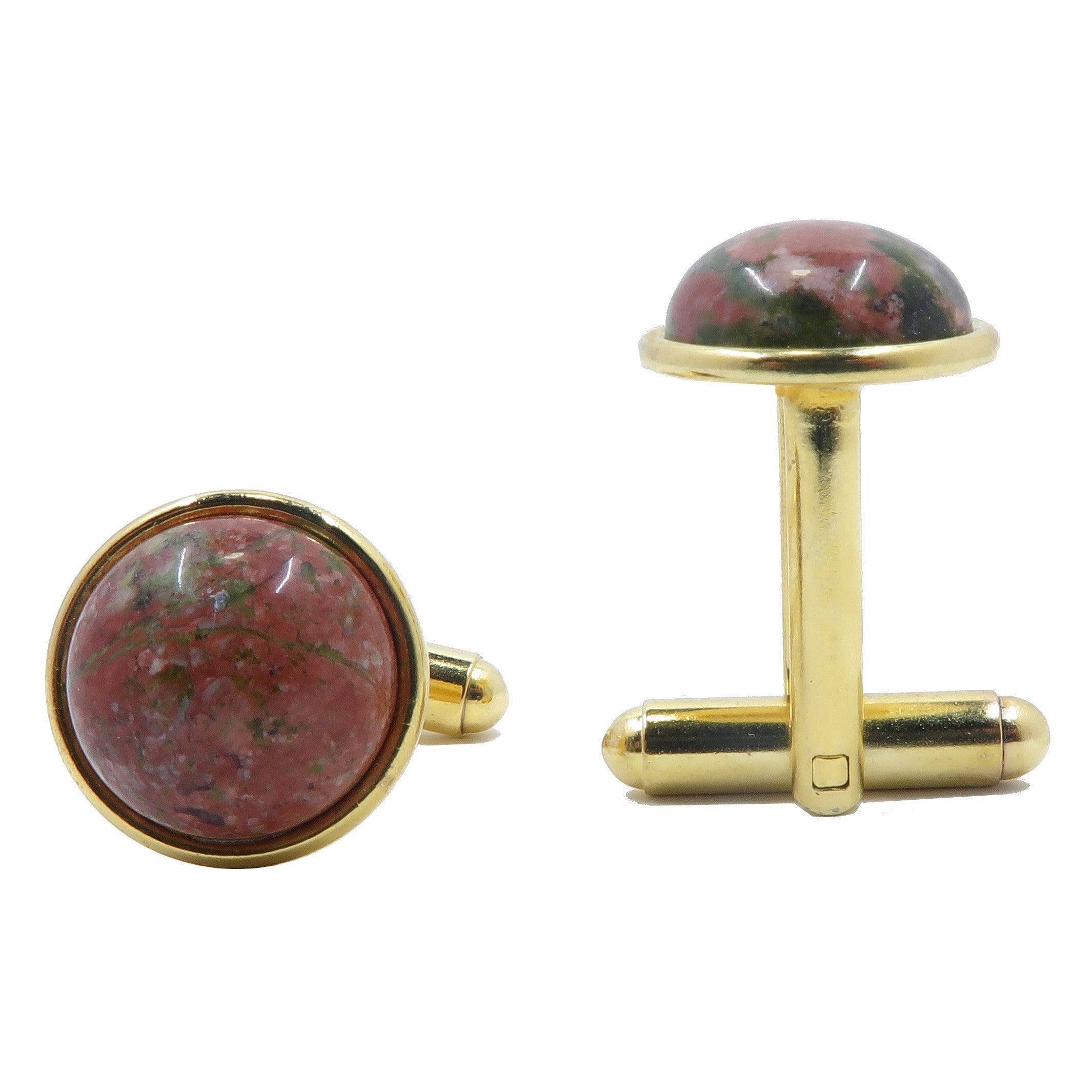 Handmade Unakite Stone Cufflinks with Pink & Green Patterns - 14K Gold Plated Elegant Men's Jewelry for Weddings, Business Meetings & Formal Occasions