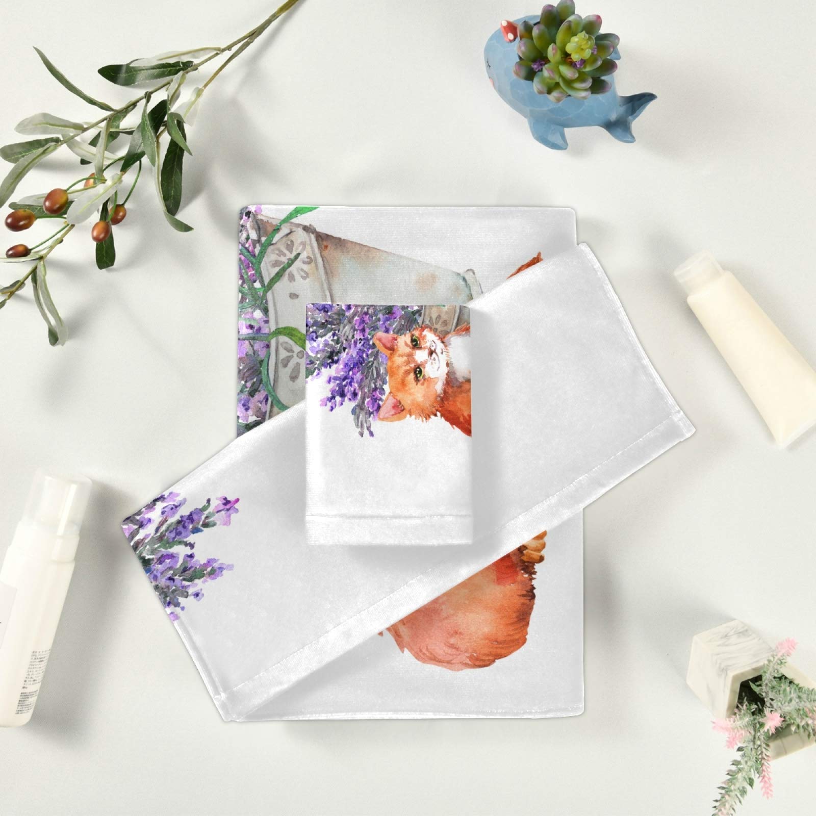 ALAZA 3-Piece Lavender Cat Towel Set - Soft, Absorbent Bath, Hand Towel & Washcloth - Provence Floral Design for Bathroom, Kitchen, Spa, Beach & Gym Decor
