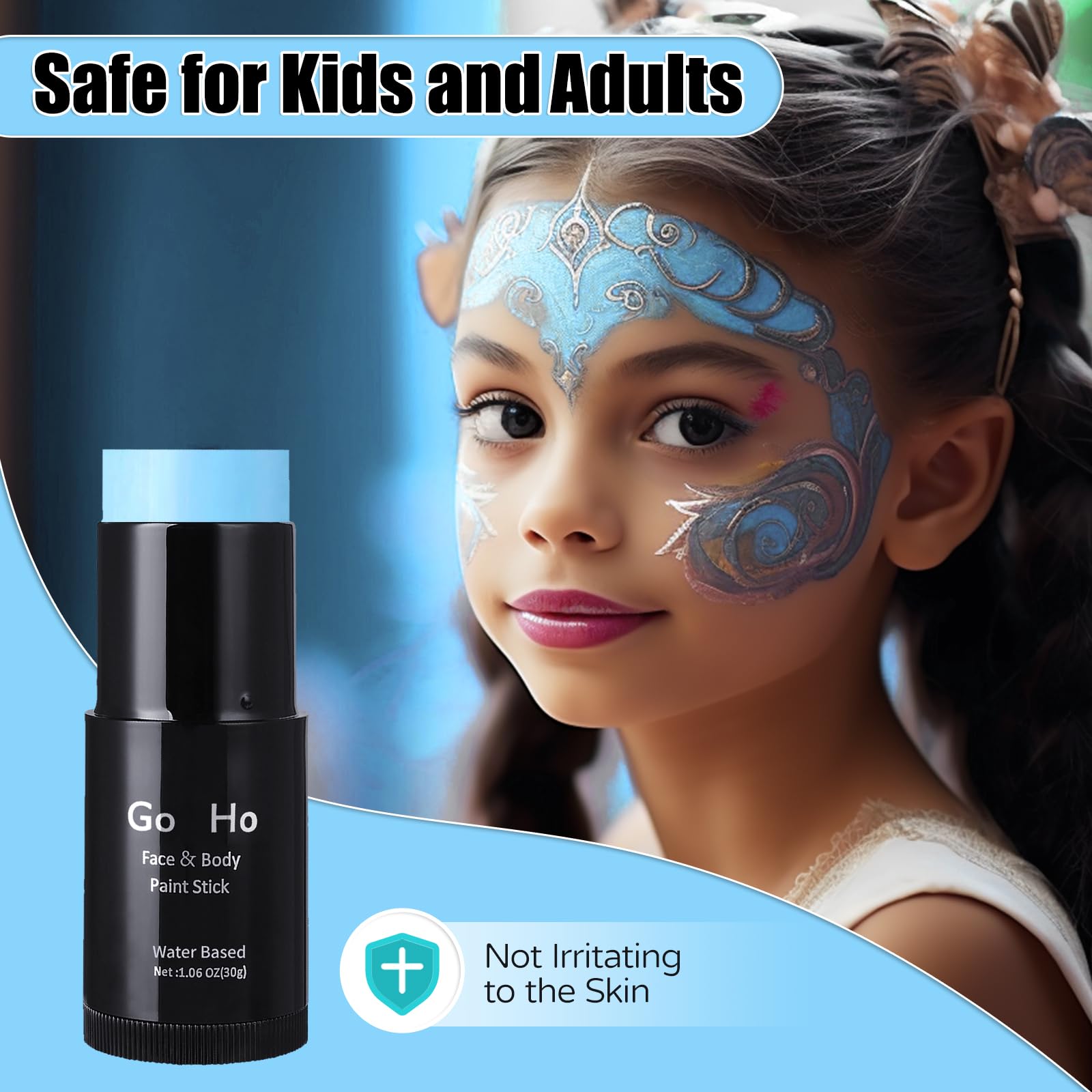 Go Ho Light Blue Face & Body Paint Stick - Water-Based, Washable, Full-Coverage Cream Makeup for Halloween, Cosplay, SFX (Corpse Bride & Sally Looks) - Safe for Adults & Kids - Party, Theater & Costume Events