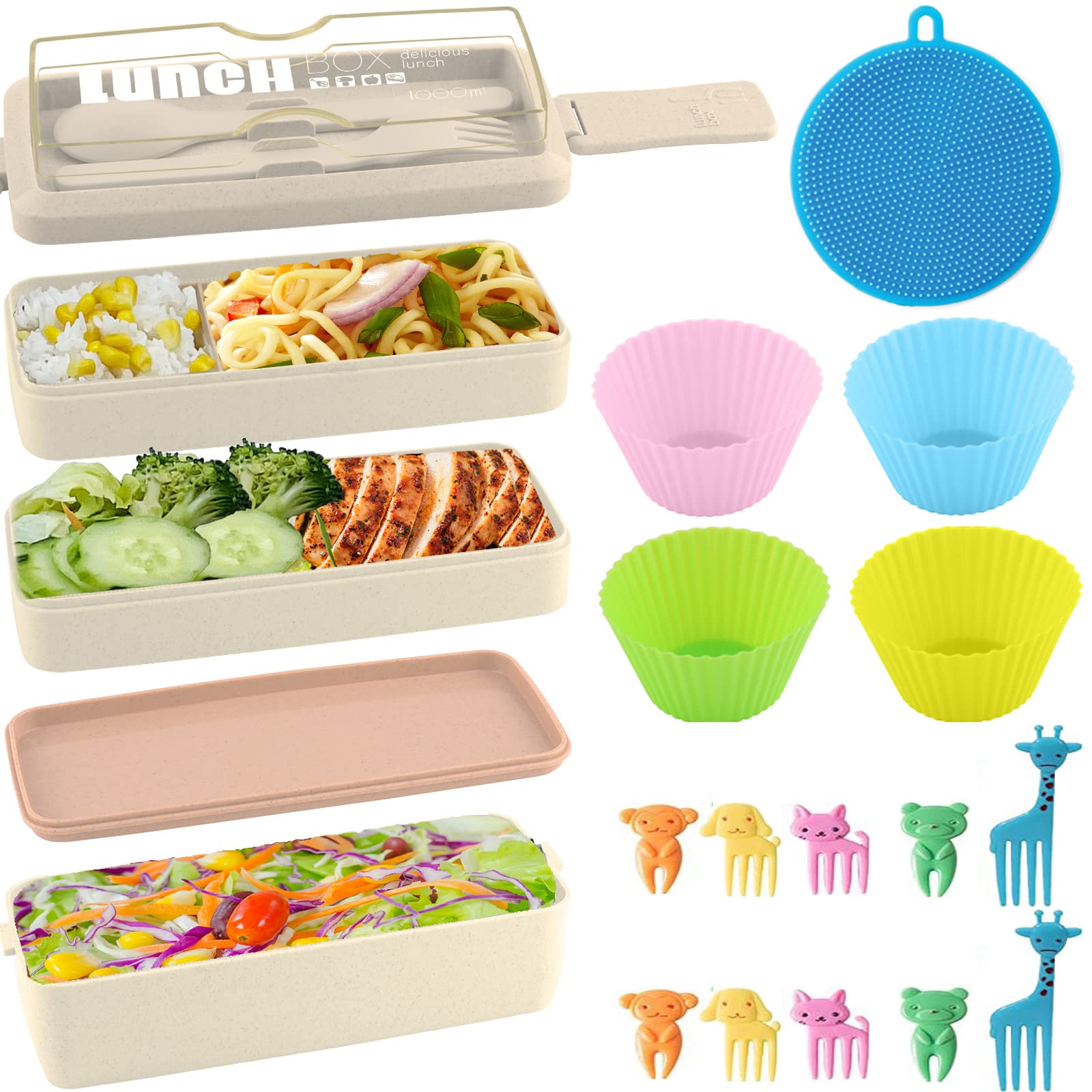 Japanese Bento Box for Kids & Adults - 1000ML 3-Layer Stackable Lunch Container Set with Utensils | Leakproof, Microwave Safe & Durable | Perfect for School, Office & Picnic Meal Prep (Beige)
