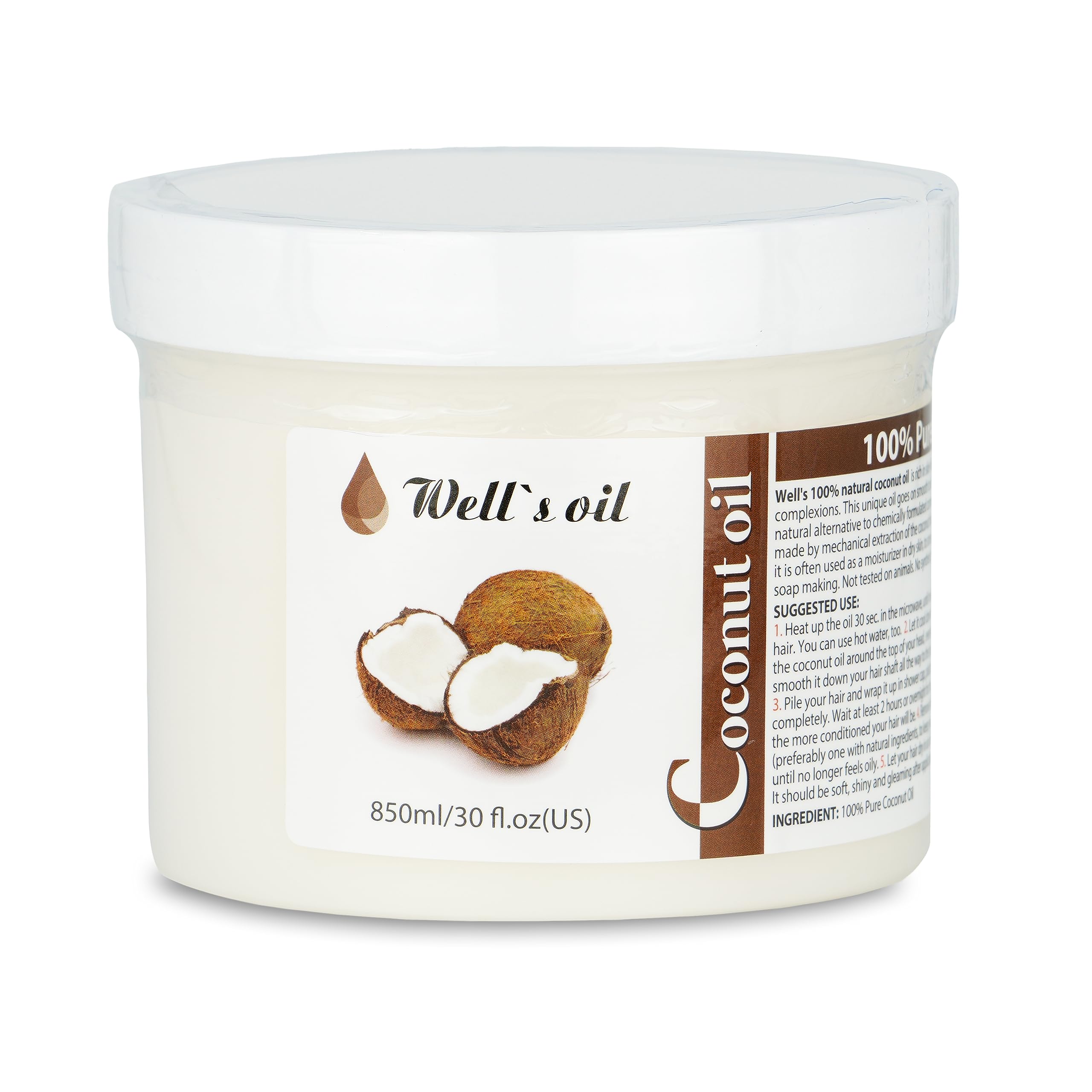 100% Pure Natural Coconut Carrier Oil by Well's - 30oz for Hair, Skin & Massage | Organic Moisturizer & Aromatherapy Base