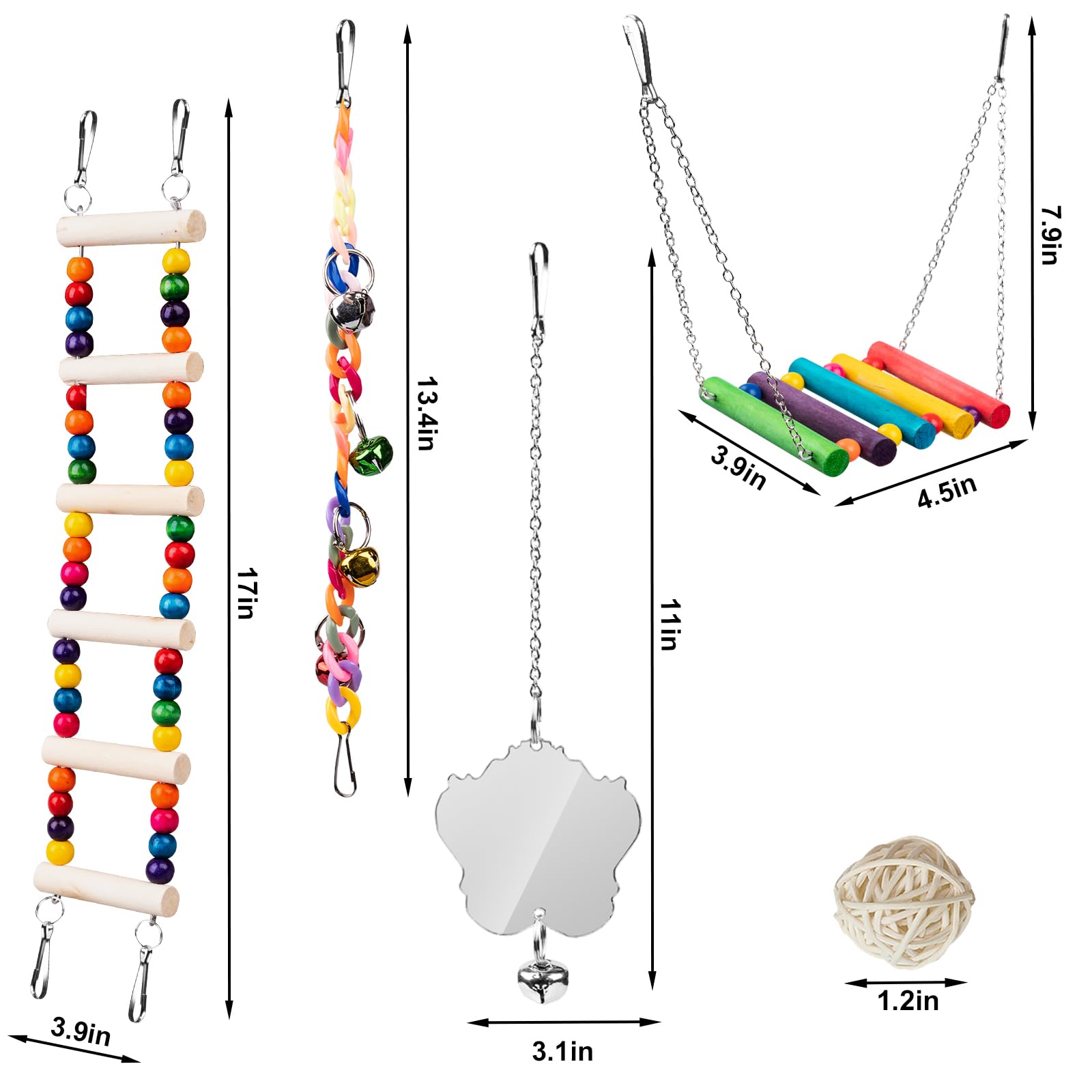 7pcs Bird Toys for Parakeets & Small Birds - Wooden Perch Swings, Ladder & Climbing Toys for Conure, Cockatiel & Budgie - 18'' - Perfect for Cage Enrichment & Playtime Activities