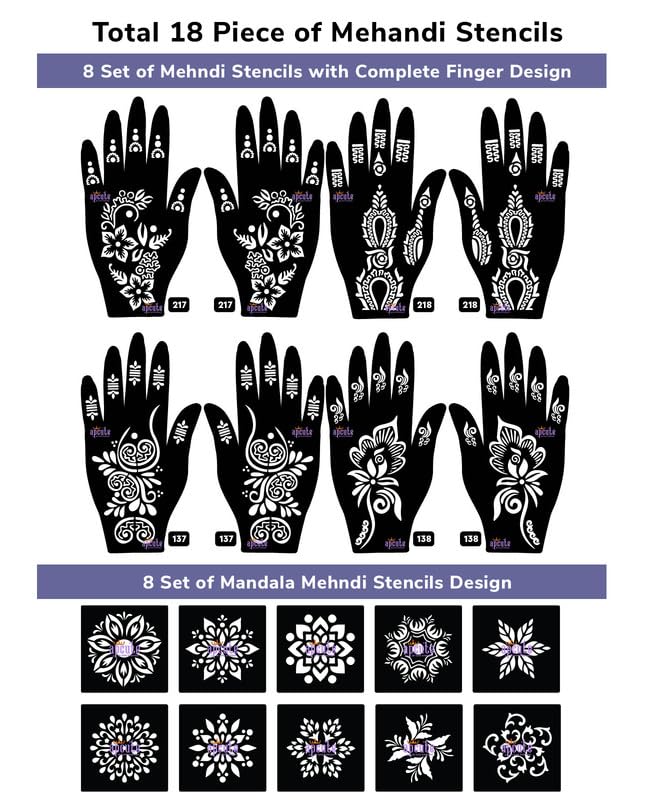 Apcute 18-Piece Henna Stencil Sticker Set for Hands - Easy DIY Temporary Tattoo Designs for Women, Girls & Kids - Perfect for Weddings, Festivals & Body Art Parties (18PC-217-218-137-138)
