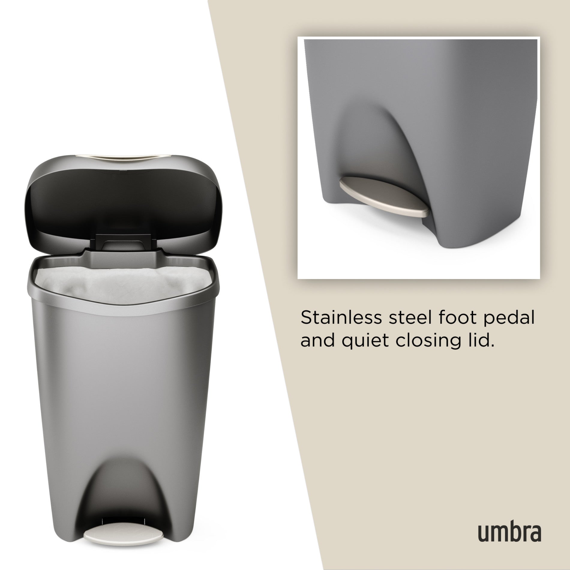 Brim Step On Trash Can - 16 Gallon Stainless Steel Touch-Free Kitchen Garbage Bin with Lid - Perfect for Home, Office, and Restaurant Use