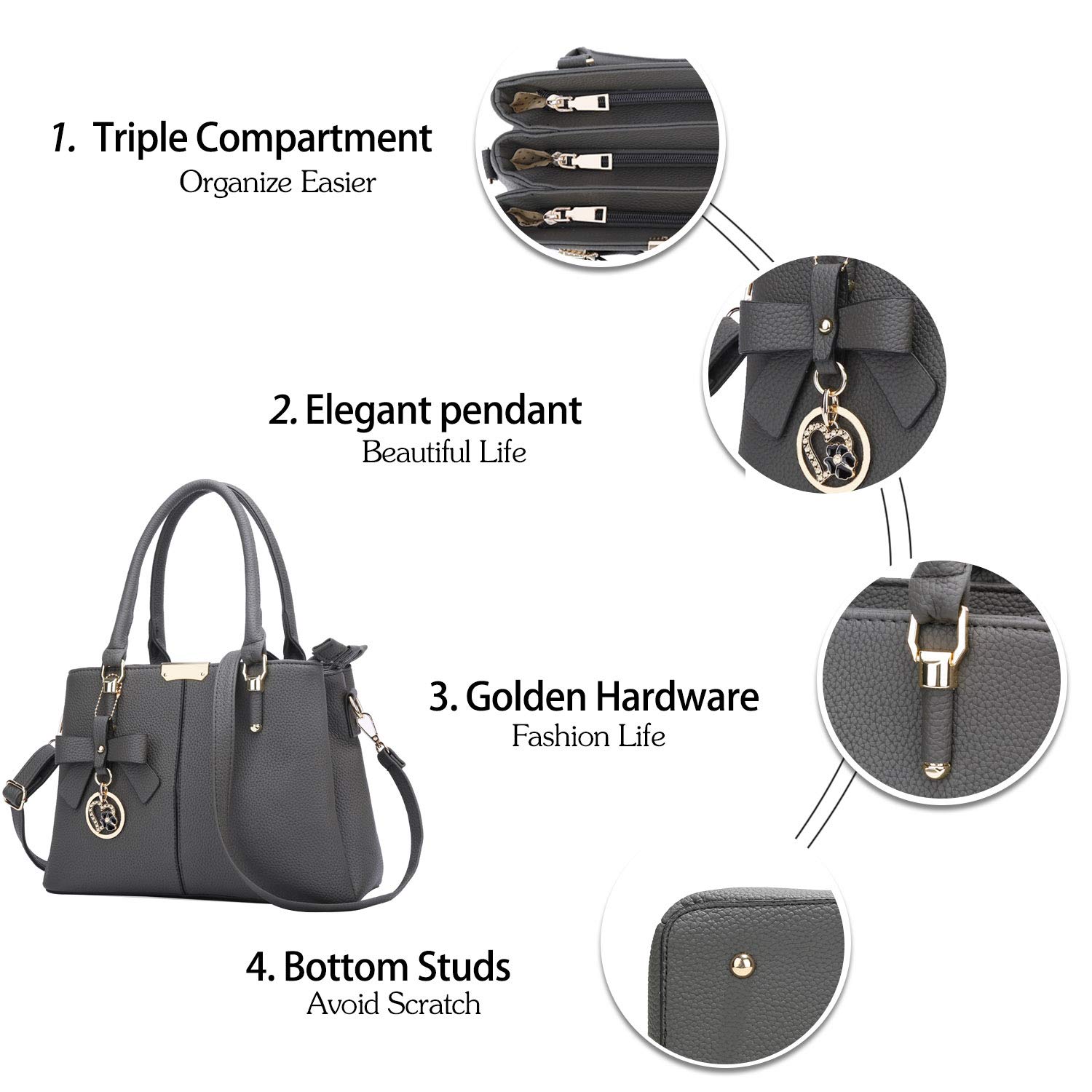 KKXIU Women's Top Handle Satchel Shoulder Bag with 3 Zippered Compartments - Stylish Ladies Purse for Work, Travel & Everyday Use