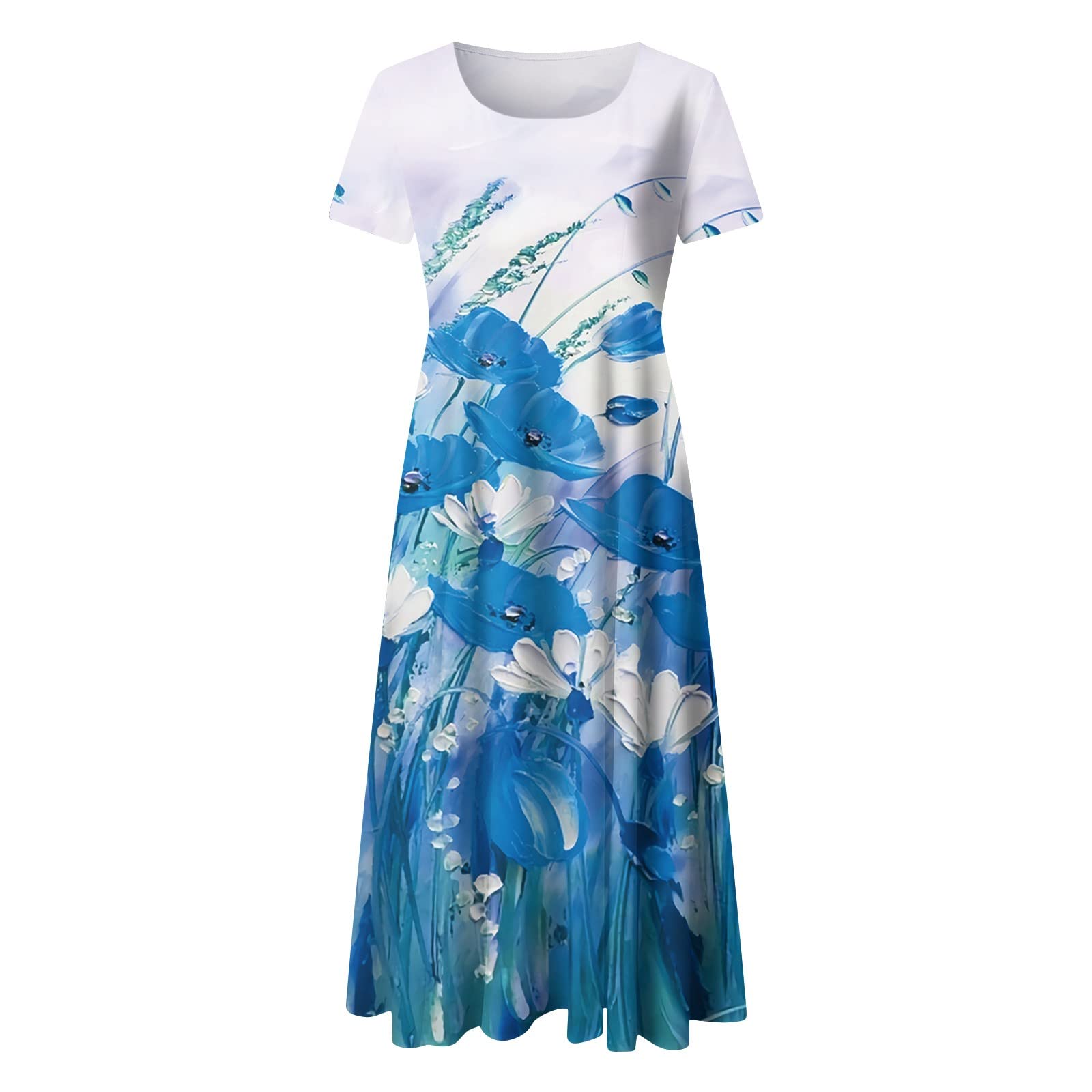 Boho Square Neck Floral Print A-Line Midi Sundress - Short Sleeve Loose Fit Spring Summer Casual Dress for Women | Beach Vacation, Garden Party, Date Night Outfit