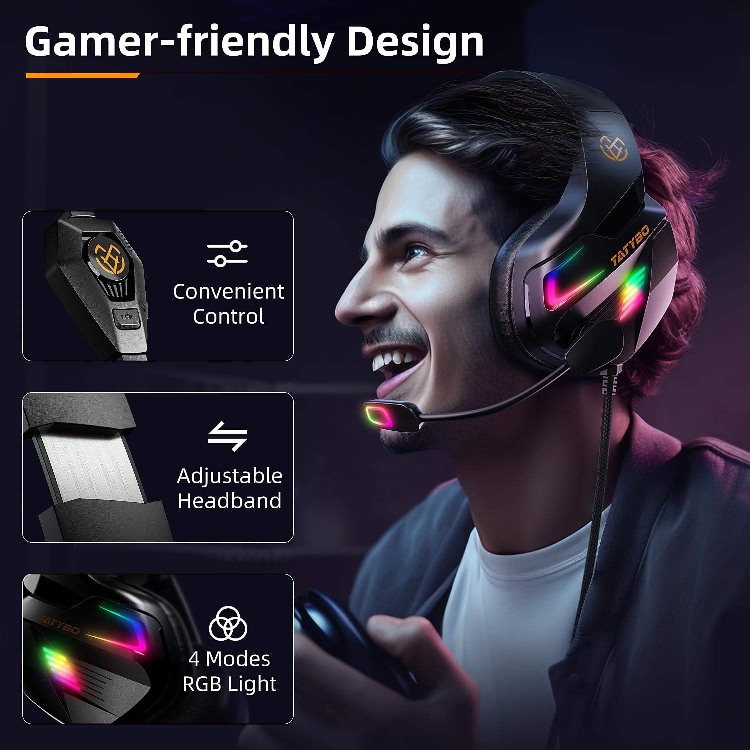 Tatybo Gaming Headset for PS4, PS5, Xbox One - Noise Cancelling Microphone, Stereo Bass, Deep LED RGB Lights (Black) - Perfect for Online Gaming, Streaming & Virtual Meetings
