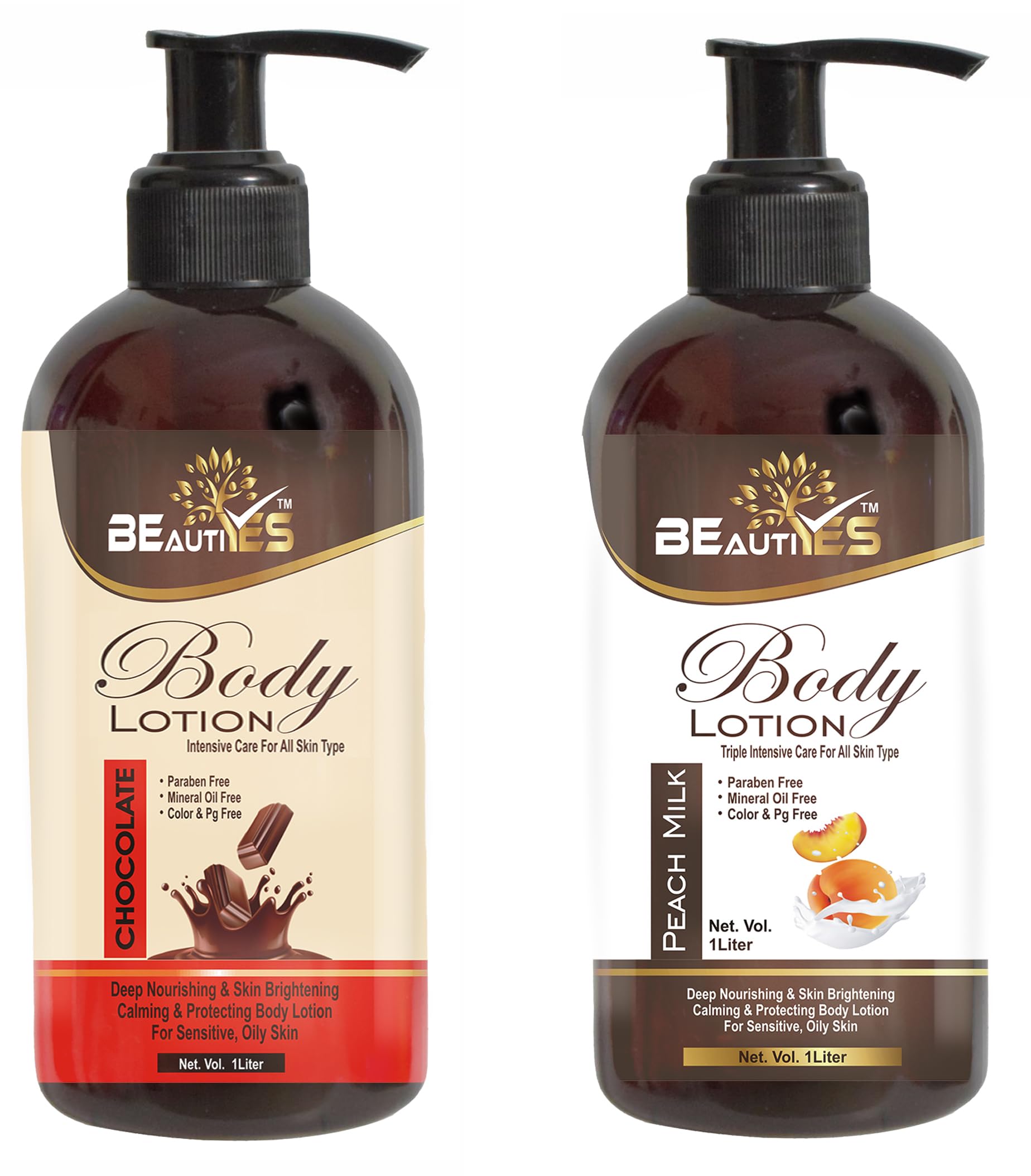 BeautyYes Chocolate Body Lotion & Peach Milk Body Lotion Combo - 2 Pack (1 Liter Each) - Hydrating & Nourishing Moisturizer for Dry Skin - Perfect for Daily Use & Gift Giving