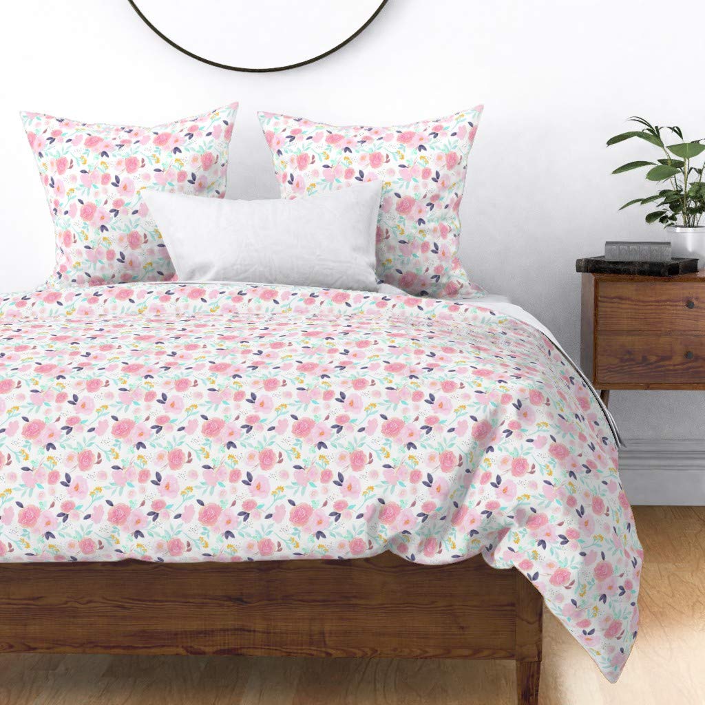 Premium Cotton Sateen Duvet Cover Full/Queen Size - Bloom Garden Floral Spring Design for Girls Room, Nursery & Boho Decor | Soft Watercolor Flower Print Custom Bedding | Perfect for Kids Bedroom, Guest Room & Cozy Home Decor