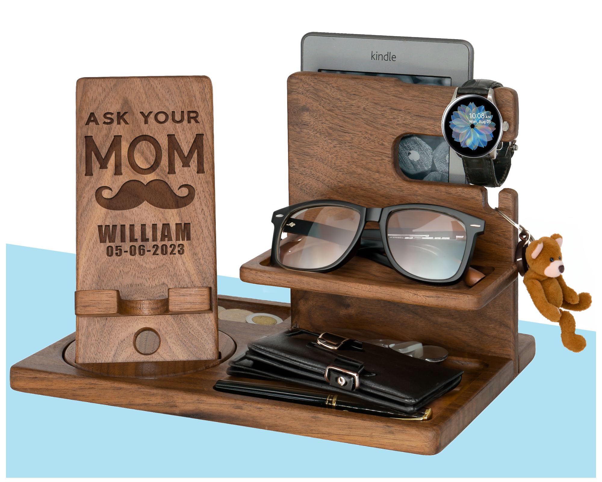 Custom 'Ask Your Mom' Wooden Desk Organizer - Personalized Office Gift for Men, Boyfriend & Grown Son - Engraved Workspace Accessories for Home & Office Organization | Perfect Father's Day, Birthday & Christmas Gifts