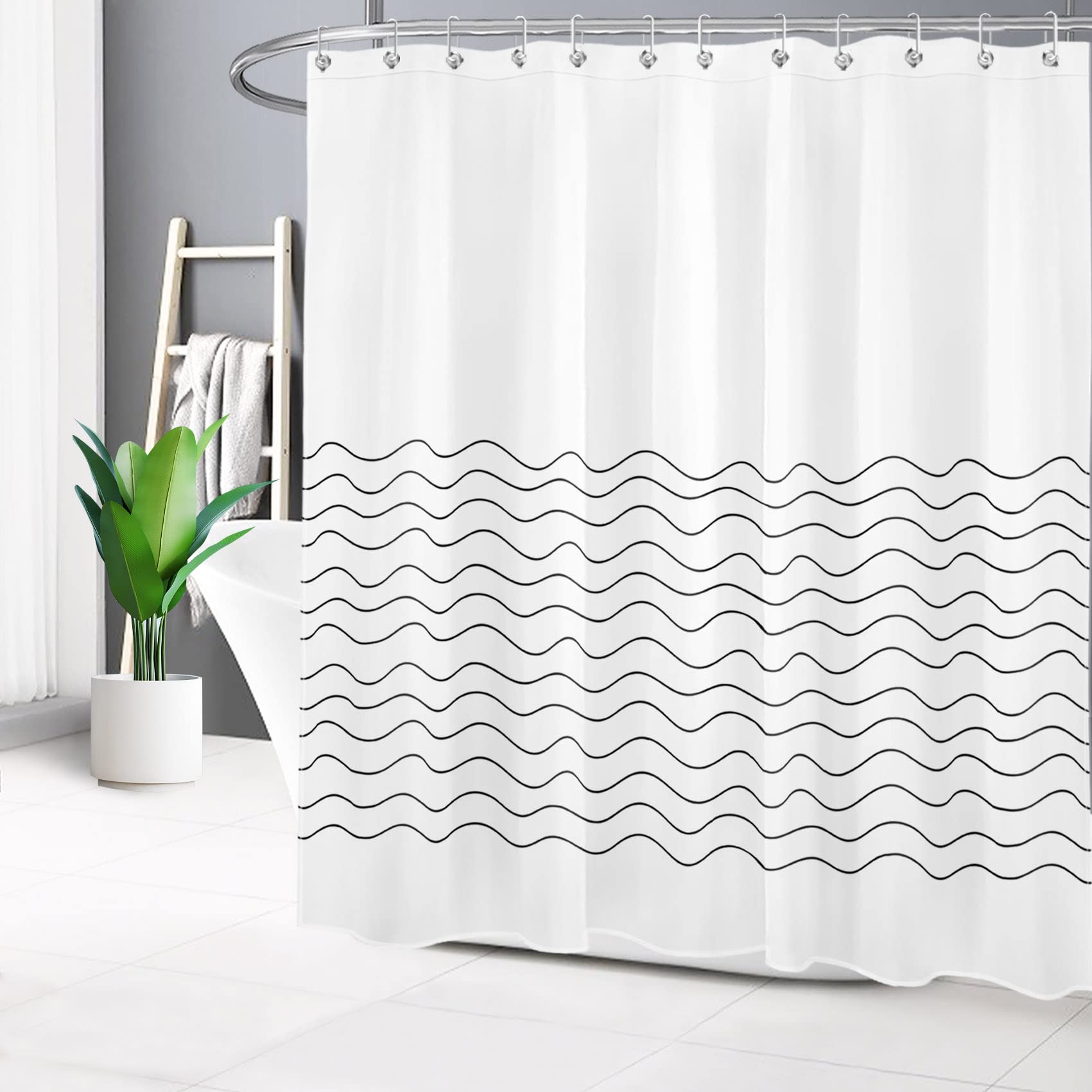HVEST Black and White Wave Stripe Shower Curtain - Minimalist Boho Bathroom Decor with Hooks, 72x78 Inch Polyester Fabric Bath Accessories for Modern, Coastal or Scandinavian Style Bathrooms
