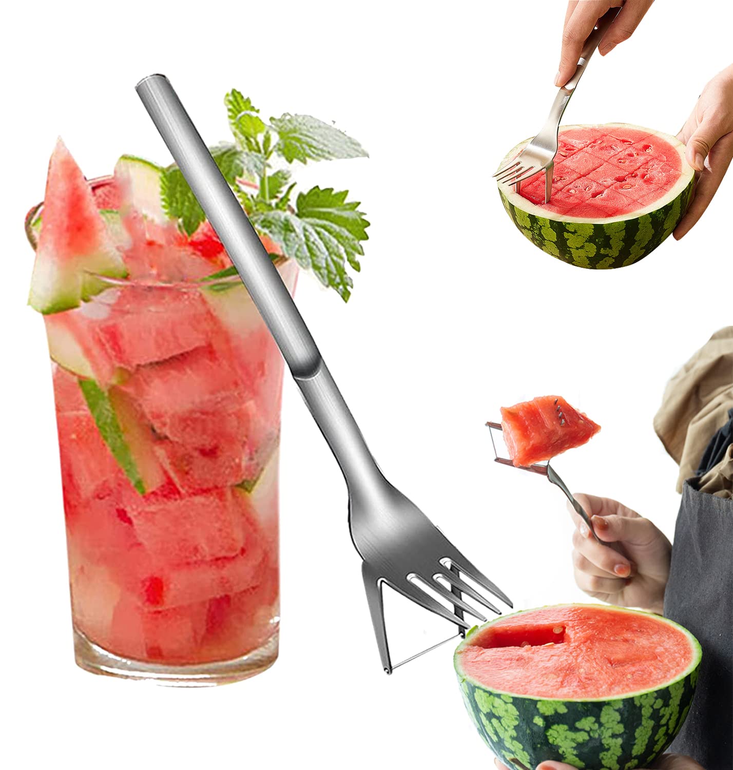 Stainless Steel Watermelon Slicer & Fork - Multi-Functional Melon Cuber Cutter Tool for Kids & Adults - Perfect for Home Fruit Parties, BBQ, Picnics & Summer Gatherings - Cool Kitchen Gadgets & Carving Knife (A)