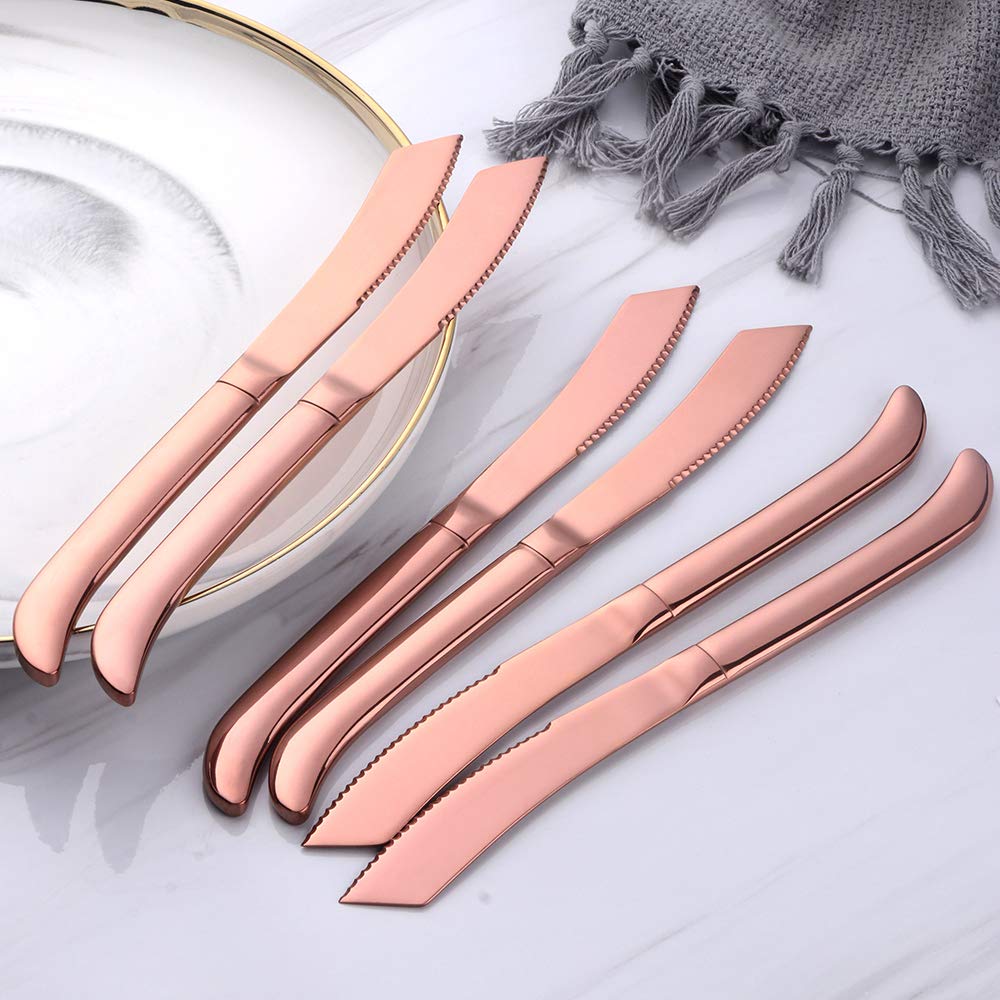 Premium 6-Piece Steak Knife Set - Serrated Stainless Steel Blades, Dishwasher Safe - Elegant Rose Gold Finish by QIBORUN - Perfect for Steak Dinners, BBQ Parties & Fine Dining