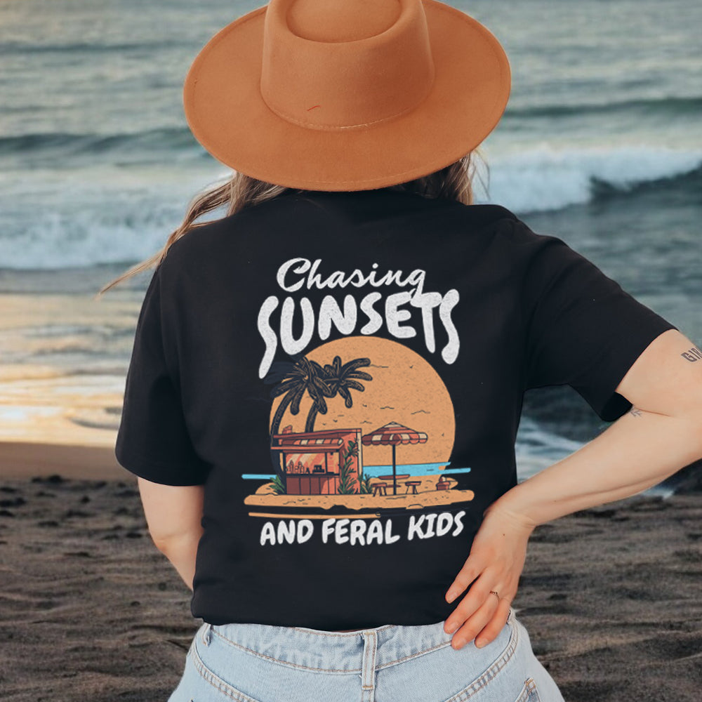 Chasing Sunsets & Feral Kids Graphic Back Print T-Shirt - Trendy Vintage Style Tee for Casual Wear, Street Fashion, and Music Festivals