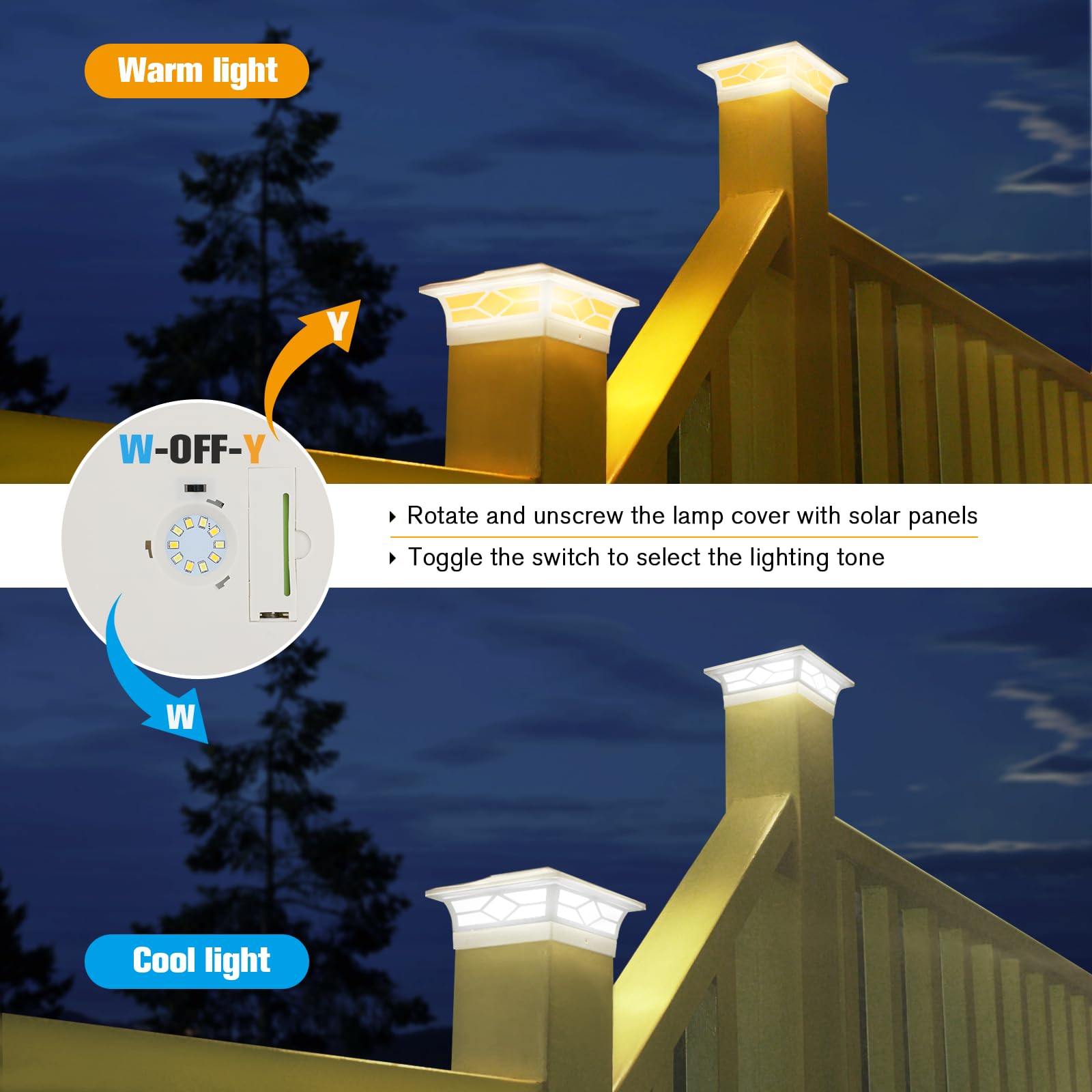 Solar Fence Post Lights - 4x4 Solar Post Cap Lights for Vinyl Fence, Waterproof Outdoor Solar Deck Lights in Warm White/Cool White - Perfect for Garden Pathway, Patio, Deck and Backyard Decoration Lighting