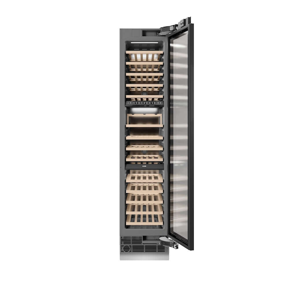 ZLINE Autograph Edition 18 Inch 9.0 cu ft Triple Zone 68 Bottle Panel Ready Right Hinge Column Wine Cooler with Matte Black Accents - Perfect for Home Bars, Restaurants, and Wine Cellars (RBCWVRZ 18 MB)