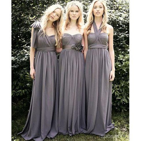 Junior Convertible Chiffon Gray A-Line Long Bridesmaid Dresses for Wedding Party - WG111 | Elegant & Affordable Formal Gowns for Bridesmaids, Prom, Evening Events