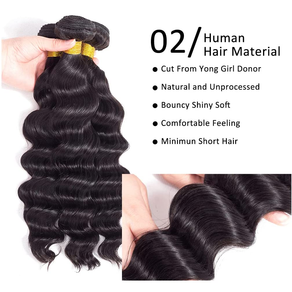 Brazilian Virgin Human Hair Bundles 22 24 26 Inch - Loose Deep Wave Hair Extensions for Black Women | Natural Black Hair Weave for Styling & Volume | Perfect for Daily Wear, Parties & Special Occasions