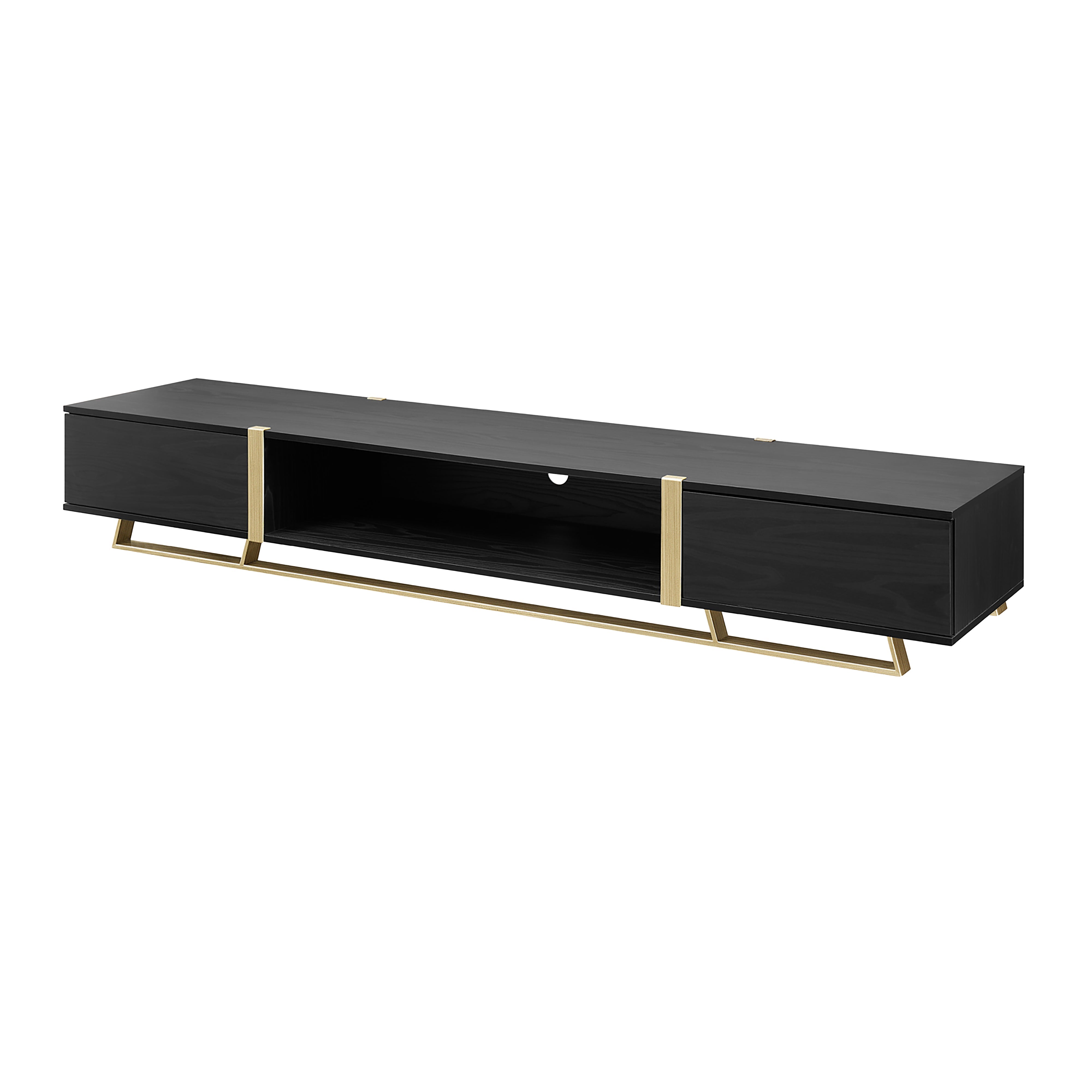 Modern Capri TV Stand 2000mm - Black Oak & Gold Entertainment Center for Living Room - Slim Low Profile Media Cabinet for TV, Gaming & Home Theater Setup