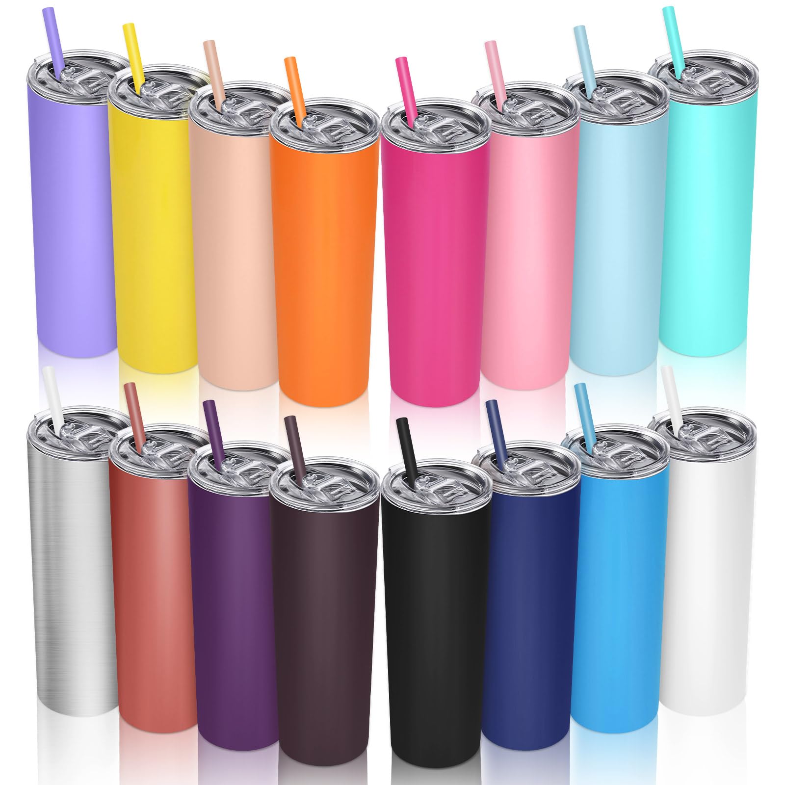 16 Pack 20 oz Skinny Stainless Steel Tumblers with Straws & Lids - Double Wall Vacuum Insulated Slim Travel Mug for Hot & Cold Drinks - 16 Solid Colors - Perfect for Coffee, Tea, Water & On-the-Go Use