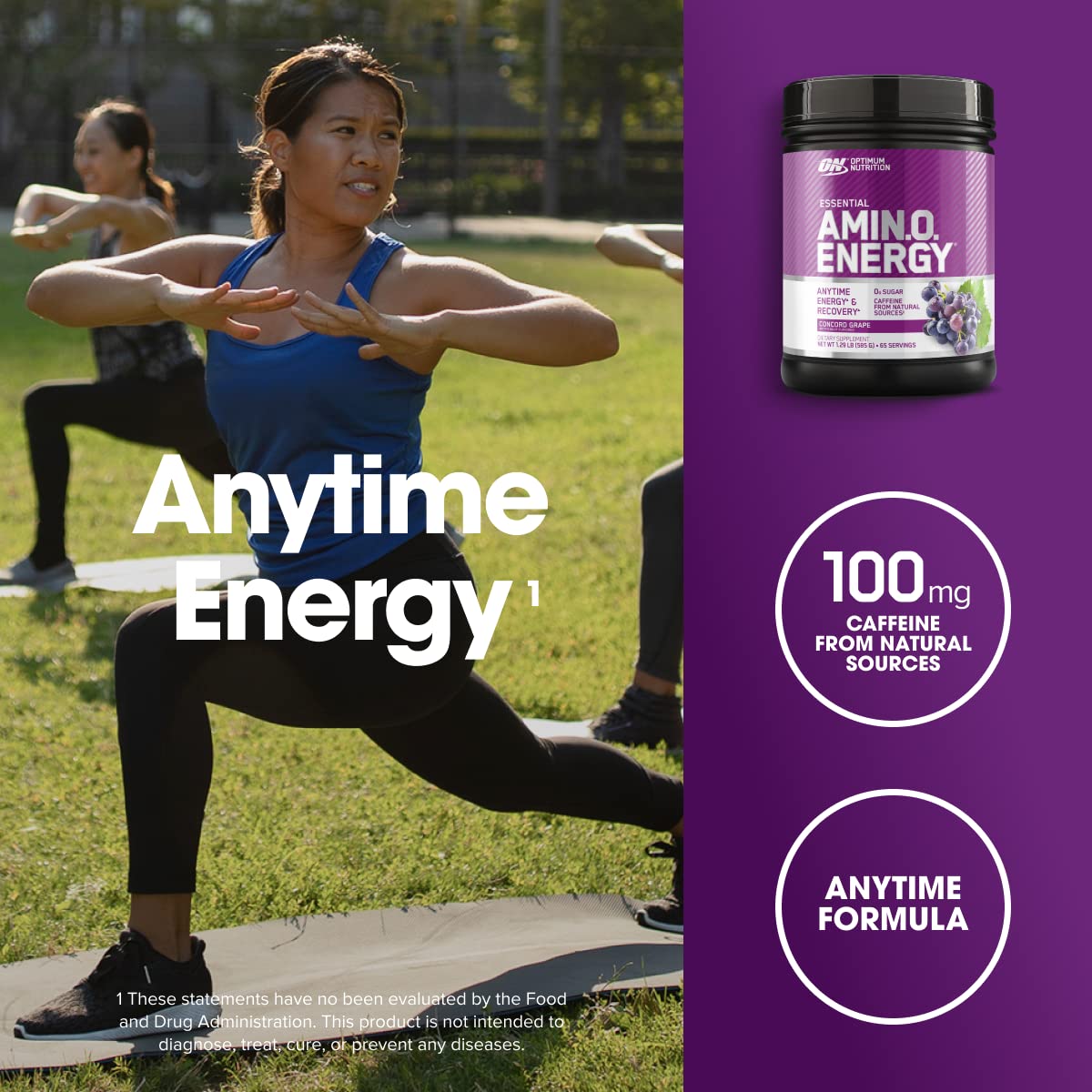 Optimum Nutrition Amino Energy Pre Workout Powder - Green Tea, BCAA, Amino Acids, Keto Friendly with Green Coffee Extract - Concord Grape Flavor (65 Servings) | Boost Energy & Endurance for Gym, Running & Fitness Training