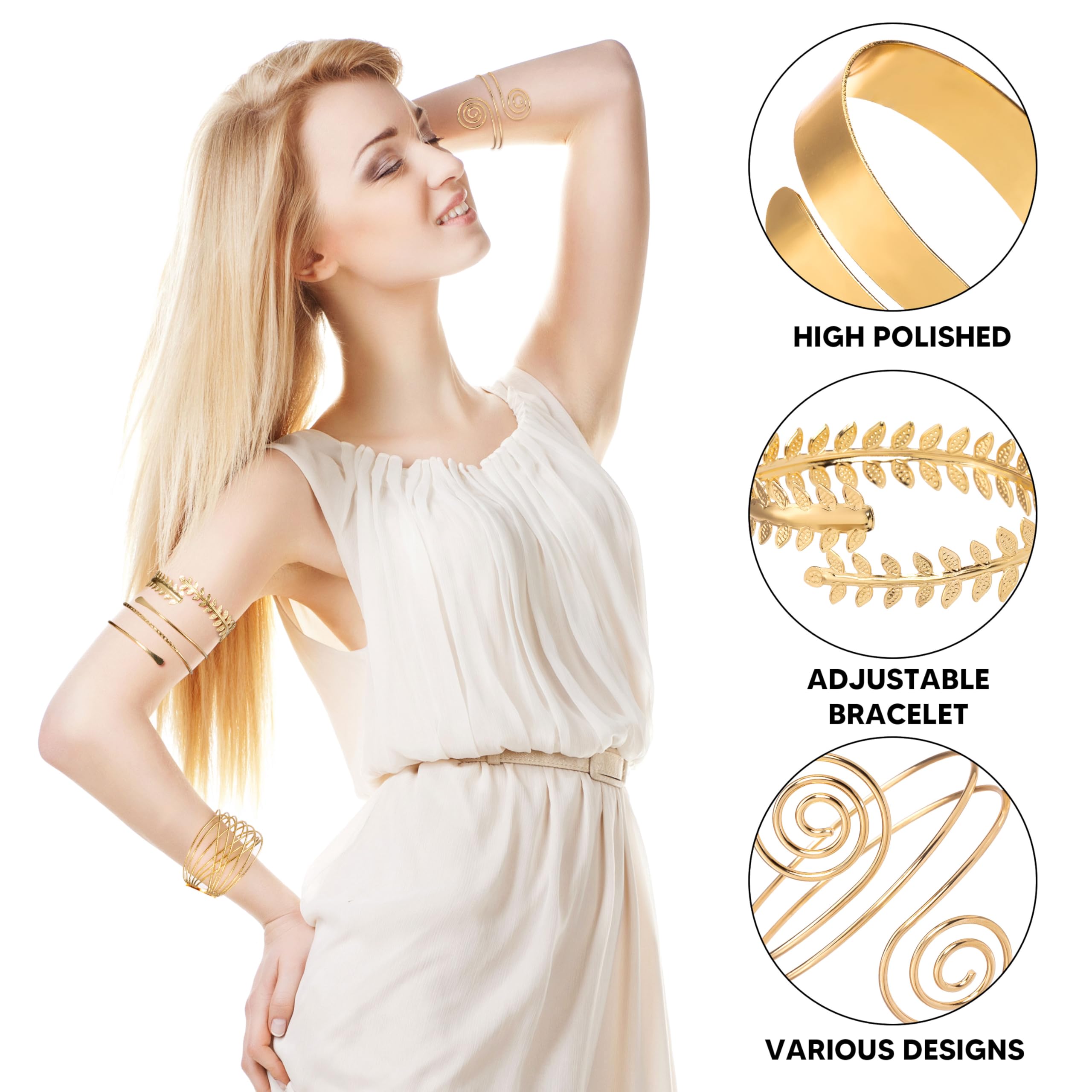 9PCS Halloween Greek Style Jewelry Set - Gold Arm Cuffs, Open Bangle Bracelets for Women & Men | Costume Accessories for Greek Goddess, Toga Party & Halloween Costume