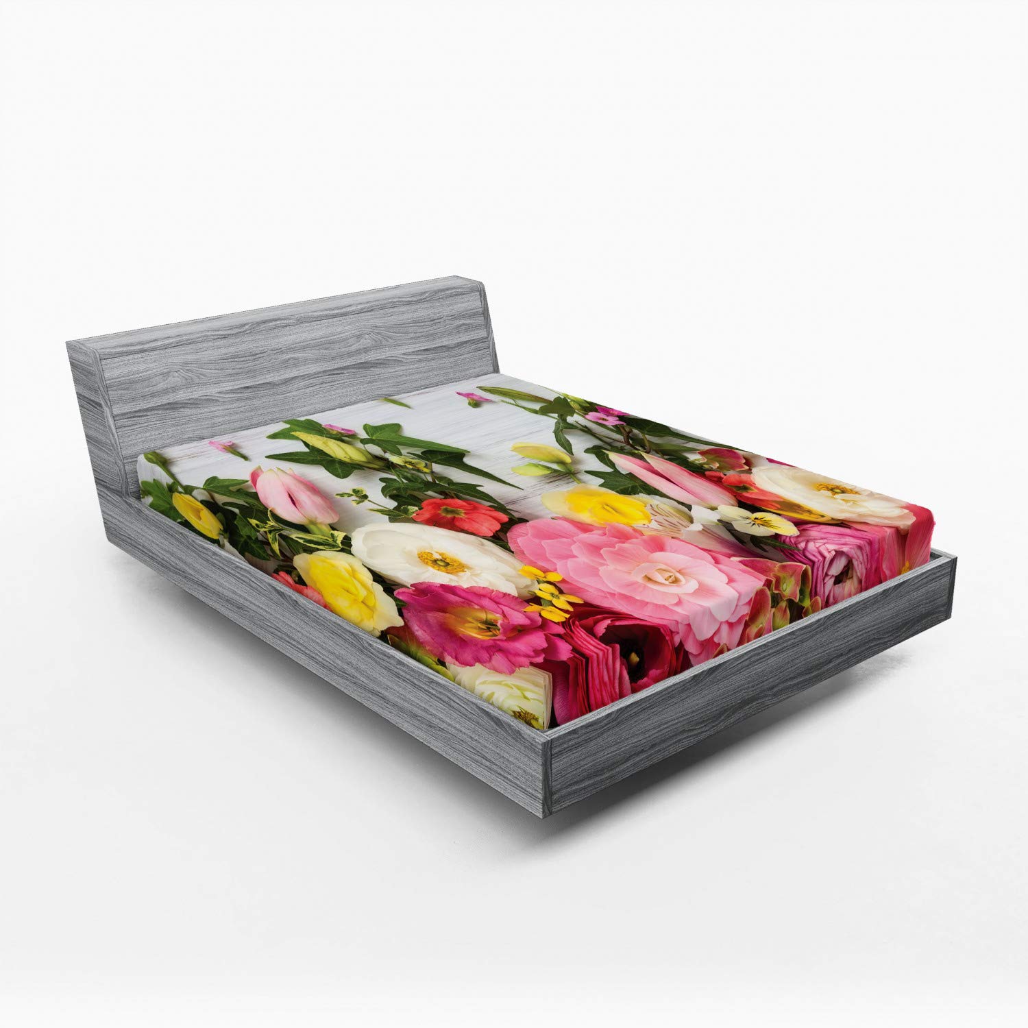Ambesonne Rustic Queen Size Fitted Sheet - Floral Ranunculus & Rose Design on Wood Backdrop, All-Around Elastic Deep Pocket for Secure Fit, Spring Bedding Collection | Perfect for Guest Rooms, Vacation Homes & Cozy Bedroom Decor