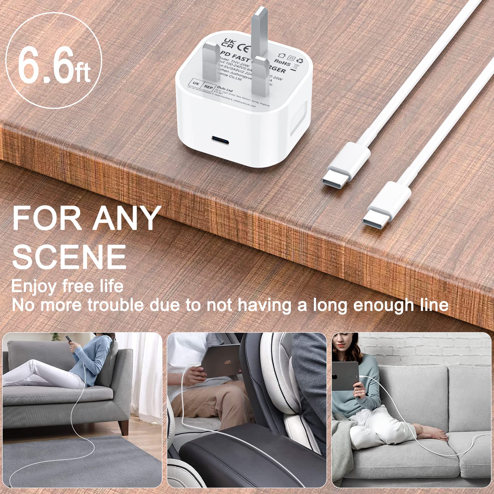 BIHPJD 20W USB C Fast Charger with 2M Cable - PD 3.0 Type C Wall Charger UK Power Adapter - Compatible with iPhone 14/13/12/11, iPad Pro/Air/Mini, Samsung Galaxy S22/S21/A52, Google Pixel 6/5/4/3 - Perfect for Home, Office & Travel Fast Charging
