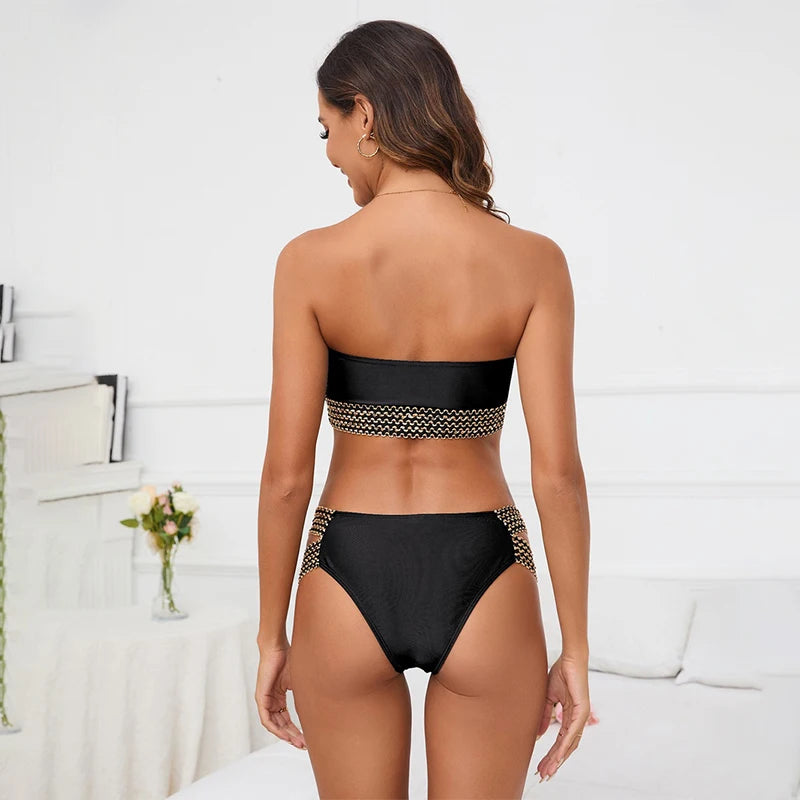 2024 Women's Strapless Bandeau Bikini Set - Brazilian Thong Swimwear with Sequin Braiding | Beach Vacation, Pool Party, Summer Fashion