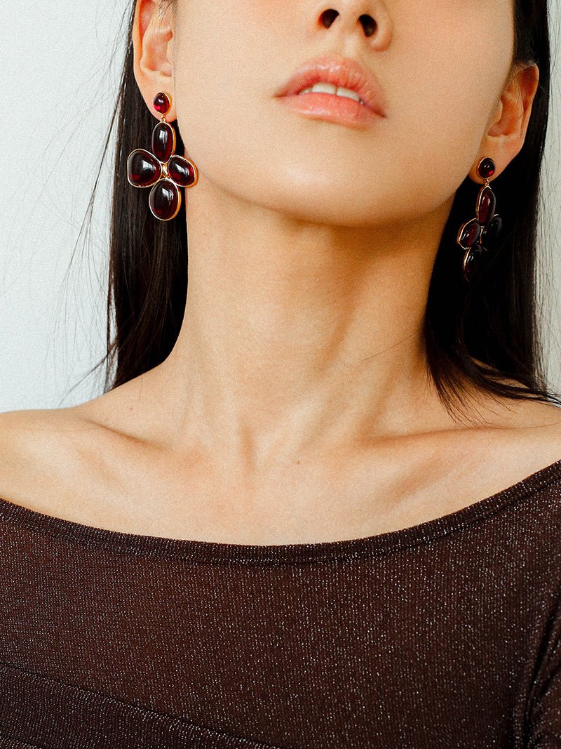 Lilac Blossom Earrings with Red Glass Beads - Elegant Dangle Earrings for Women - Perfect for Weddings, Parties & Special Occasions