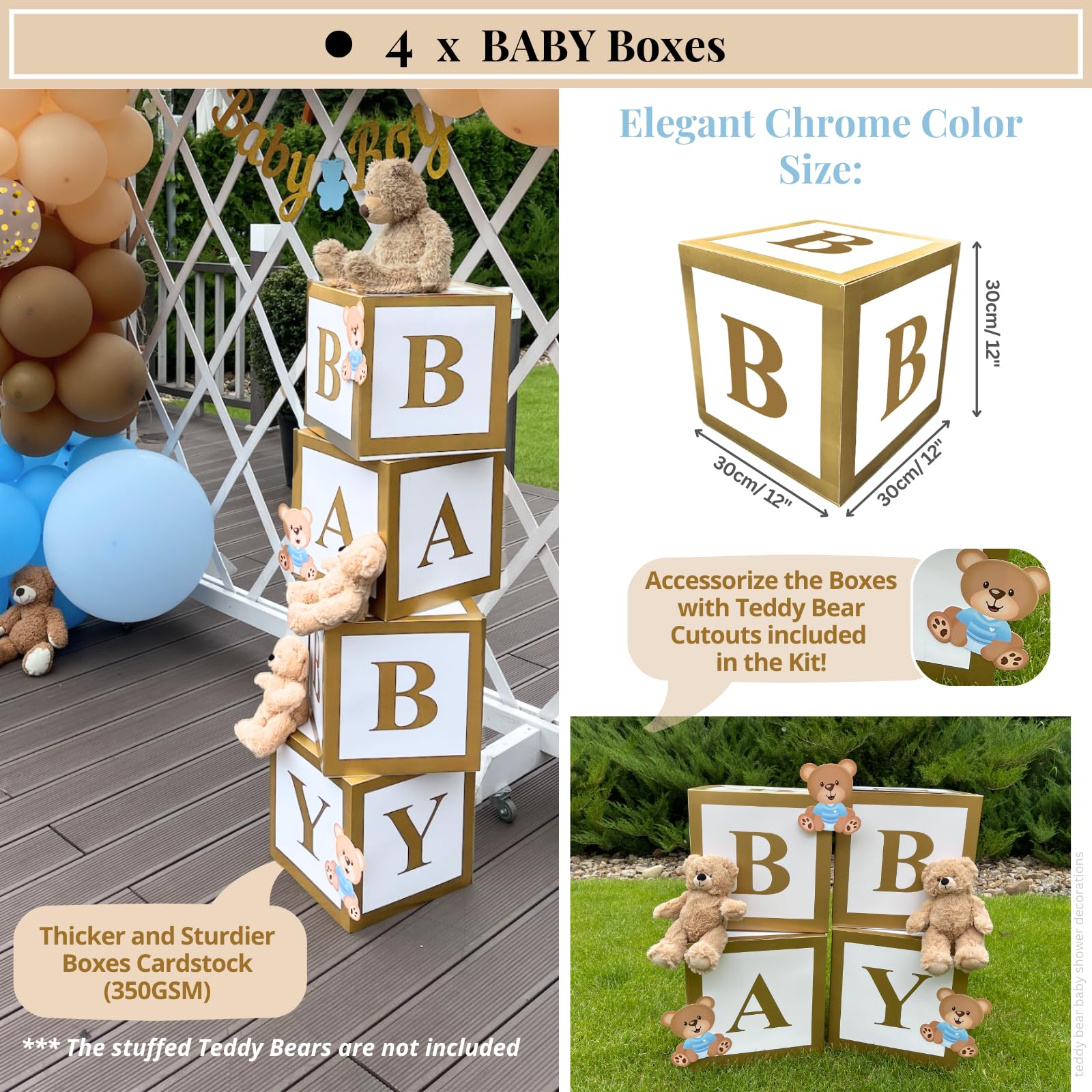 134-Piece Teddy Bear Baby Shower Decor Set for Boys - Gold Glitter Balloon Arch Garland, Baby Boxes, Banner & Bear Cutouts | Gender Reveal, Nursery Party, First Birthday Decorations