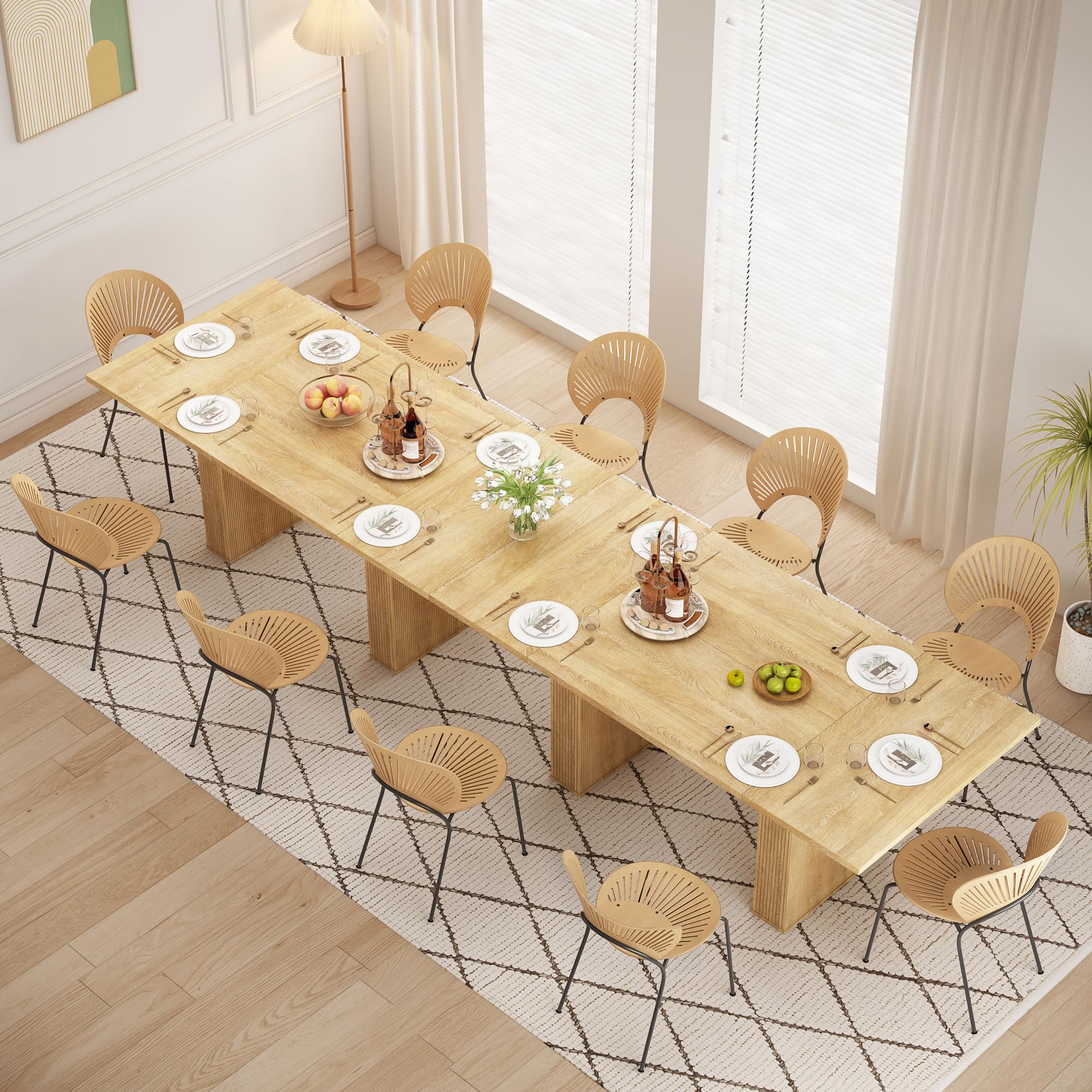 78 Inch Rectangular Farmhouse Dining Table for 6-10 People - Modern Fluted Wooden Kitchen & Living Room Table - Natural Finish - Perfect for Family Gatherings & Dinner Parties