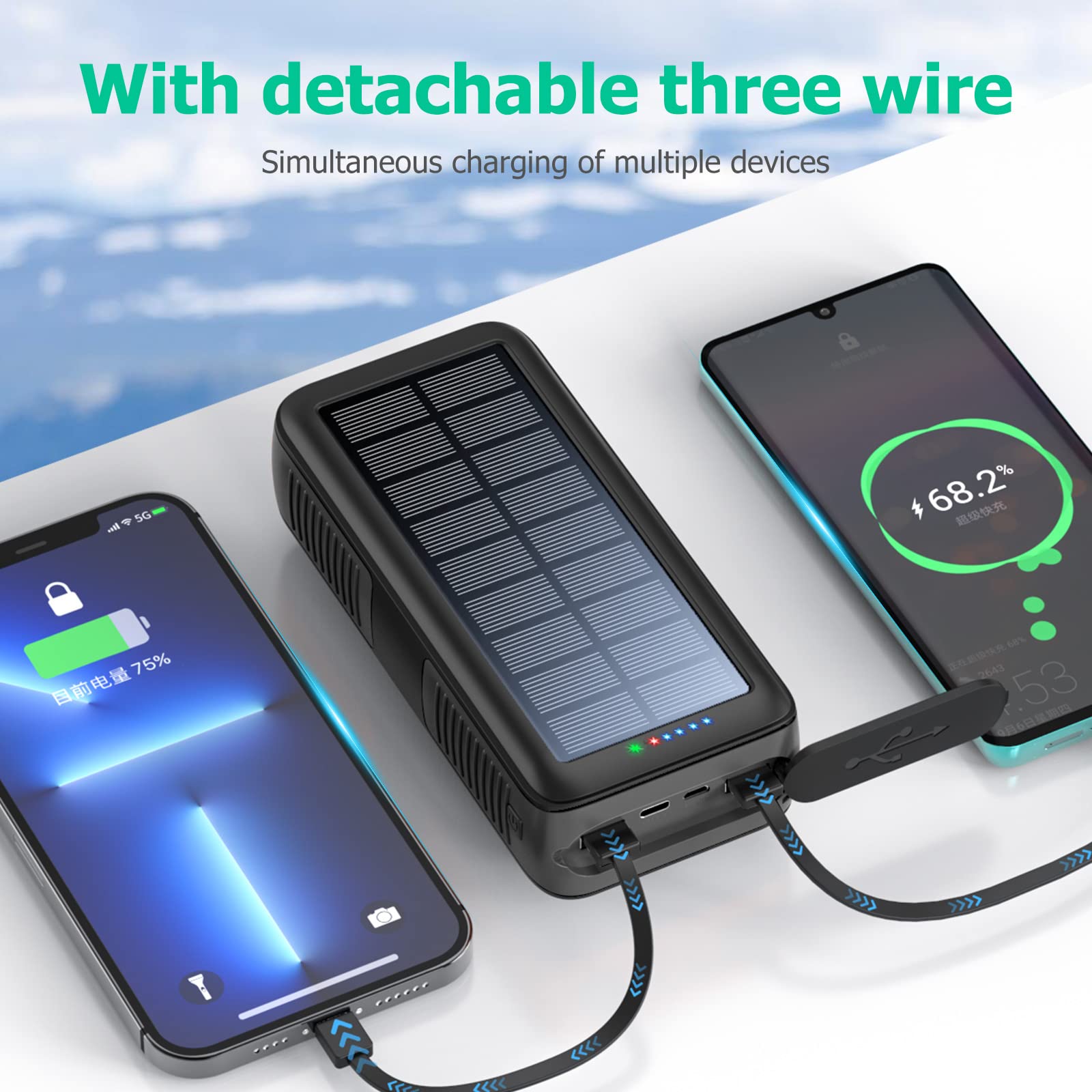 63200mAh Solar Power Bank with Dual USB Outputs & Inputs | Portable Solar Charger with 4 LED Flashlight & Hand Crank | Fast Charging Battery Pack for Camping, Hiking, Emergency Kits & Outdoor Survival Gear
