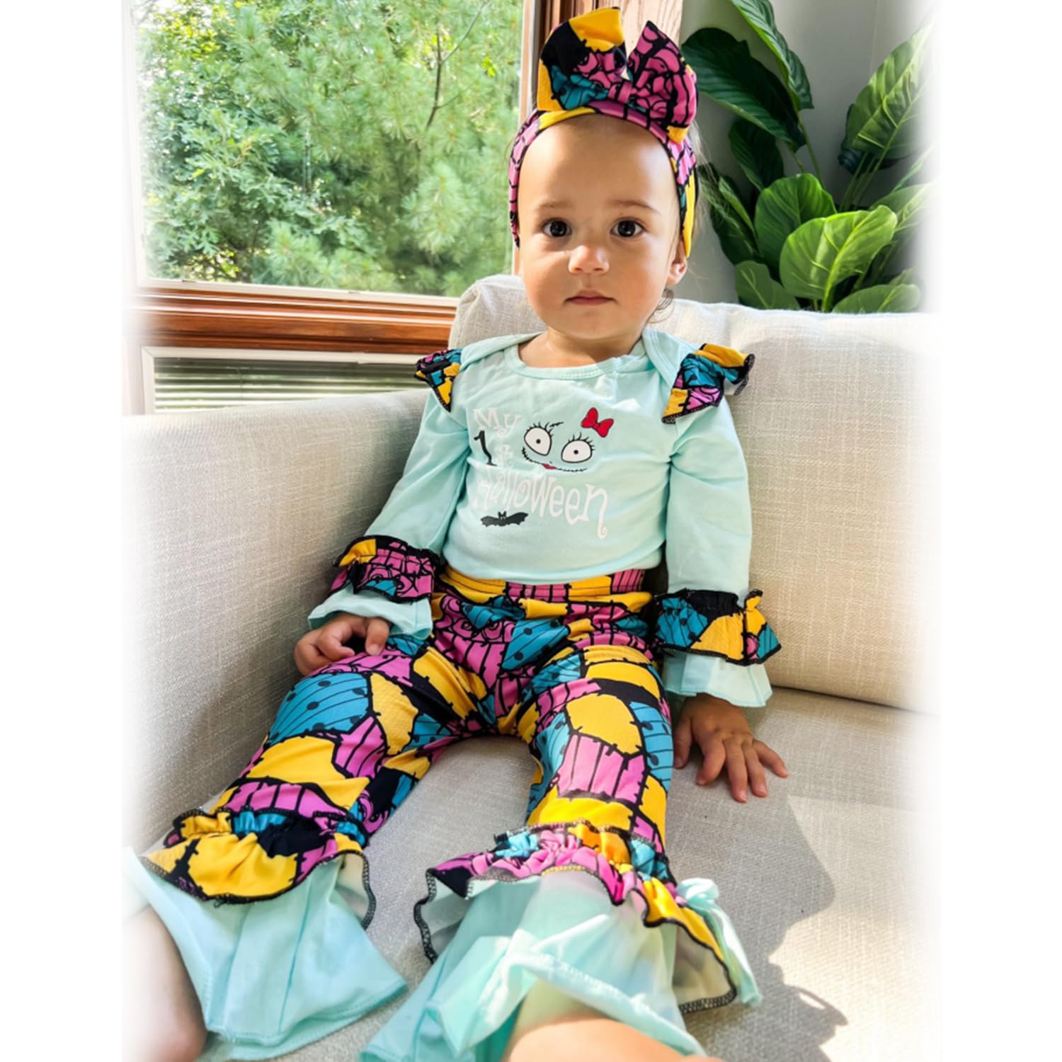Adorable Halloween Baby Girl Outfit Set - Cute Bodysuit & Bell Bottom Pants with Headband | First Halloween Costume for Newborns & Infants | Perfect for Trick-or-Treating, Photo Shoots & Holiday Parties
