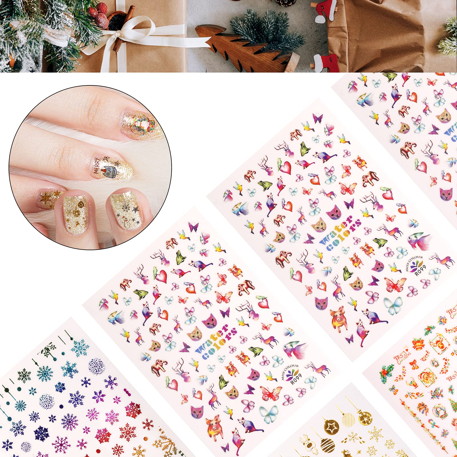 AIEX 12 Sheets Christmas Nail Stickers - Santa Claus, Elk & Christmas Tree Nail Art Decals for Holiday Manicures | DIY Christmas Nail Decor for Parties, Gifts & Festive Beauty
