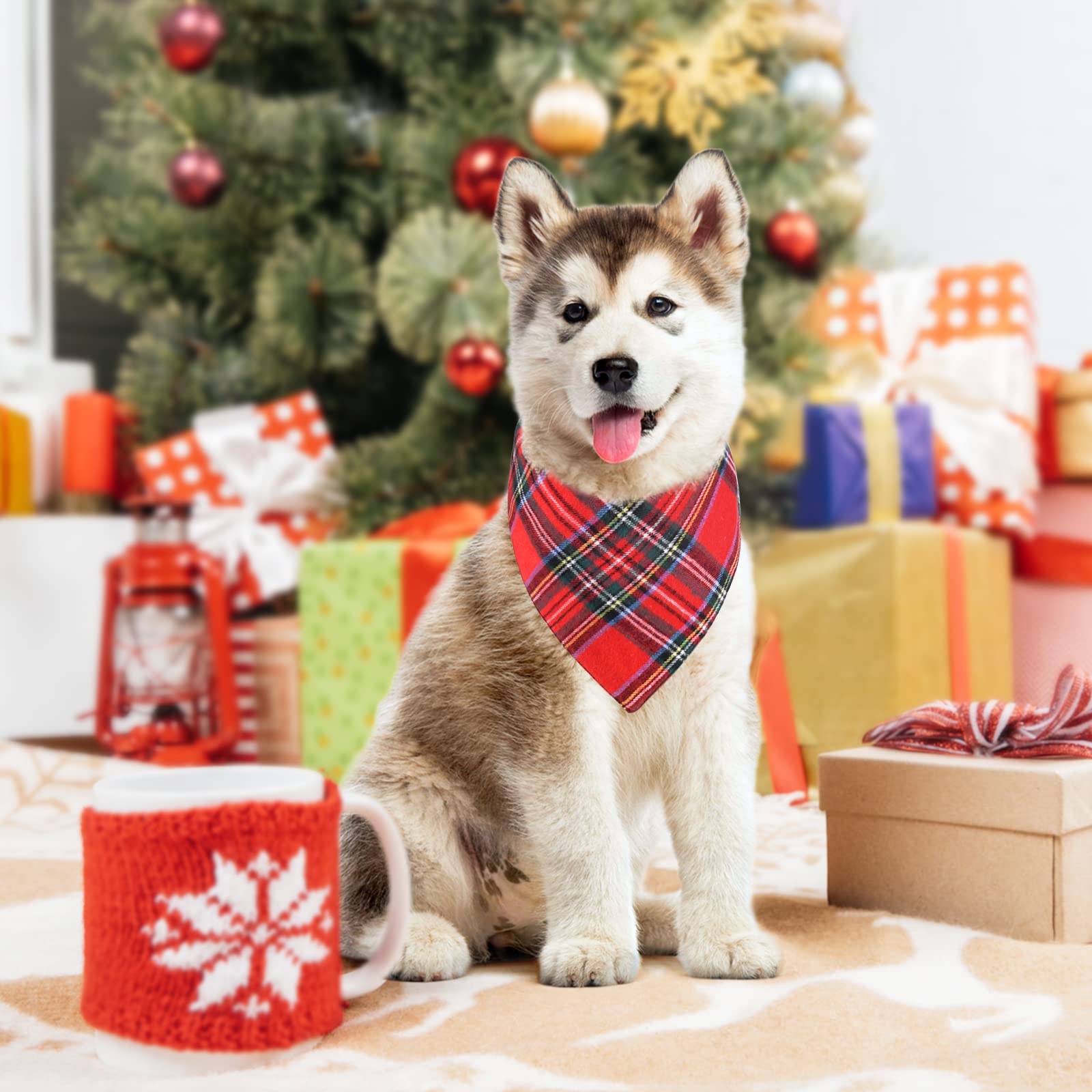 Malier 2 Pack Christmas Plaid Dog Bandanas - Classic Holiday Pet Scarves & Triangle Bibs Set for Small Medium Large Dogs & Cats - Festive Pet Costume Accessories (Green + Red, Small) - Perfect for Christmas Photos, Pet Parties & Holiday Decorations