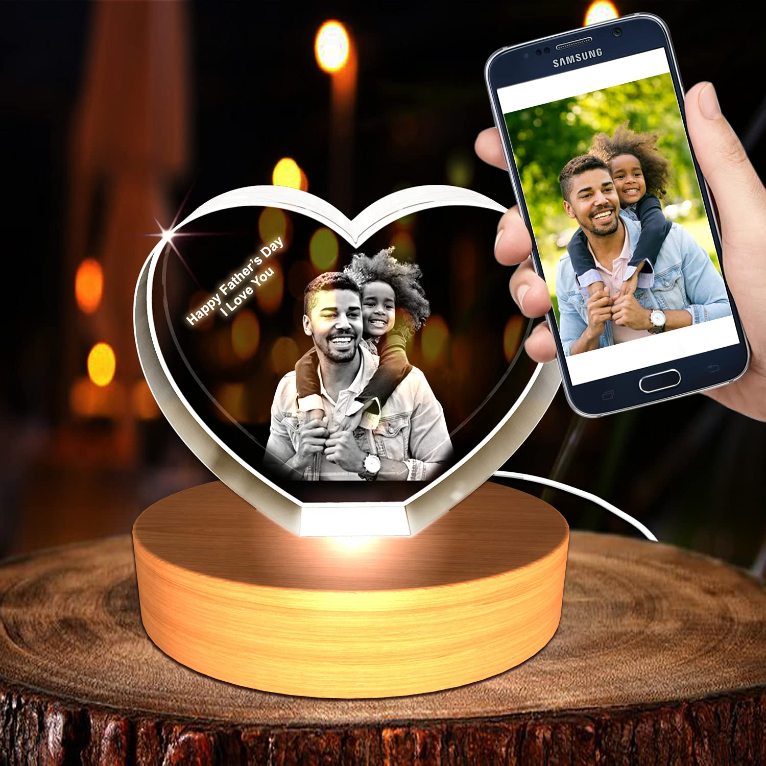 Personalized Father's Day 3D Engraved Crystal Photo Gift with Small Heart - Customized Keepsake for Dad's Birthday, Anniversary & Special Occasions - Perfect Home & Office Desk Decor