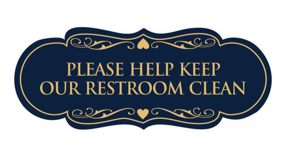 ByLITA Designer 'Please Help Keep Our Restroom Clean' Sign - Small Bathroom Sign for Offices, Restaurants & Homes - Navy Blue & Gold Wall Decor